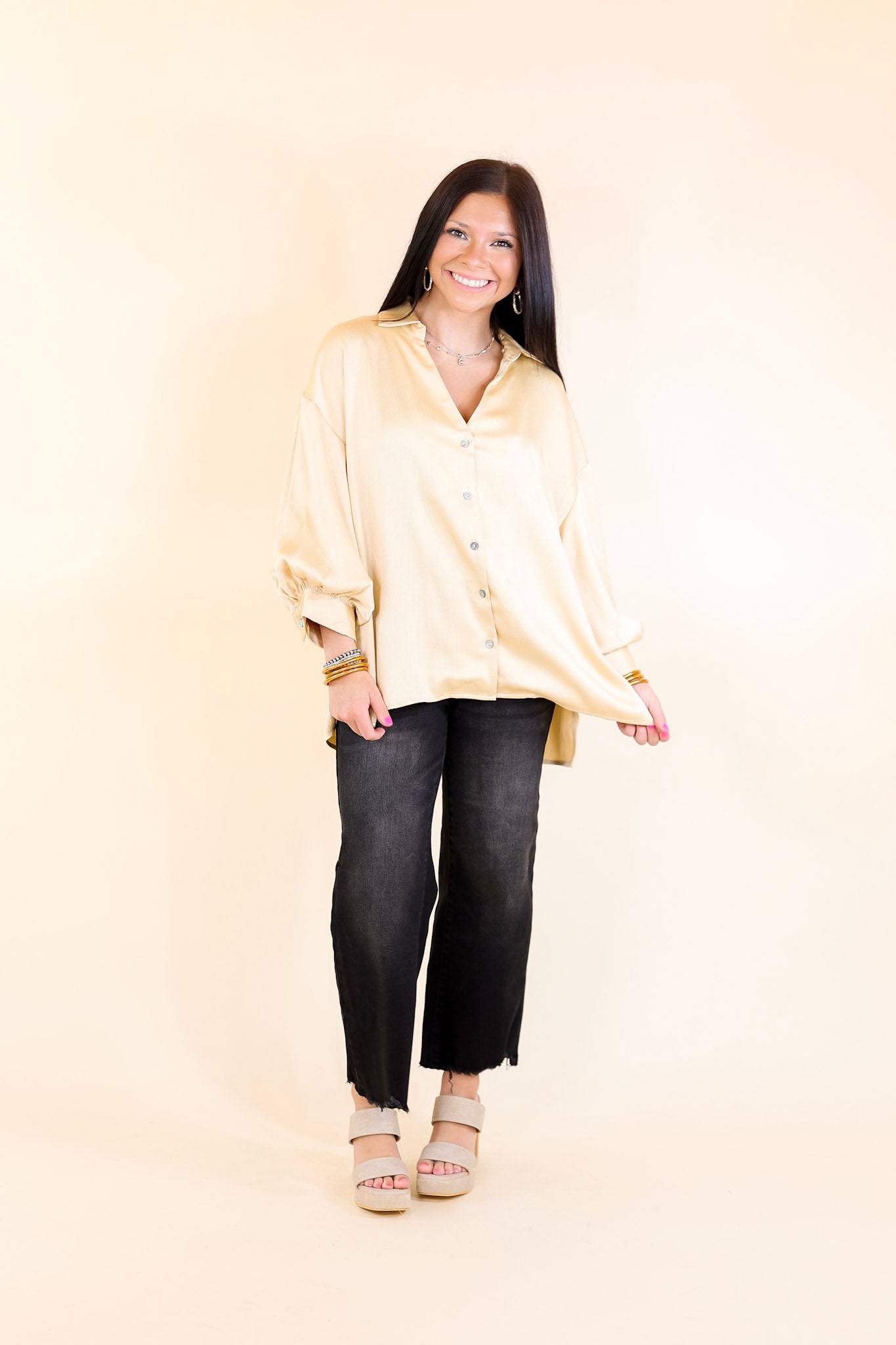 Sweet Notion Button Up 3/4 Balloon Sleeve Top in Light Yellow