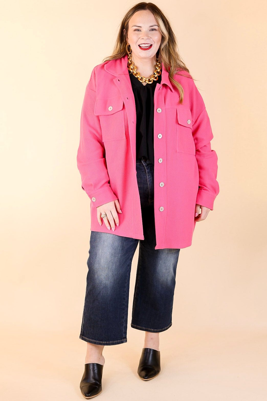 Say Less Button Up Knit Shacket in Fuchsia Pink