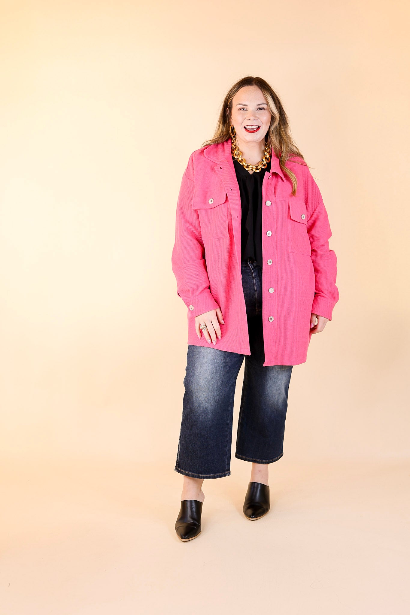 Say Less Button Up Knit Shacket in Fuchsia Pink