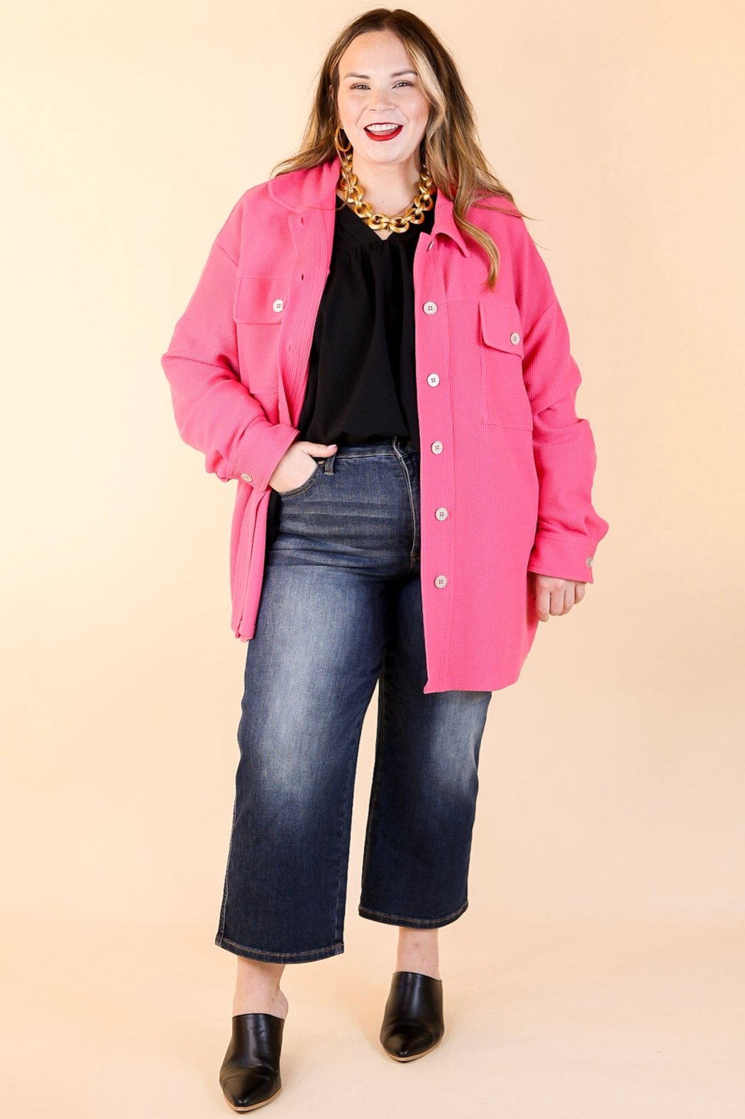 Say Less Button Up Knit Shacket in Fuchsia Pink