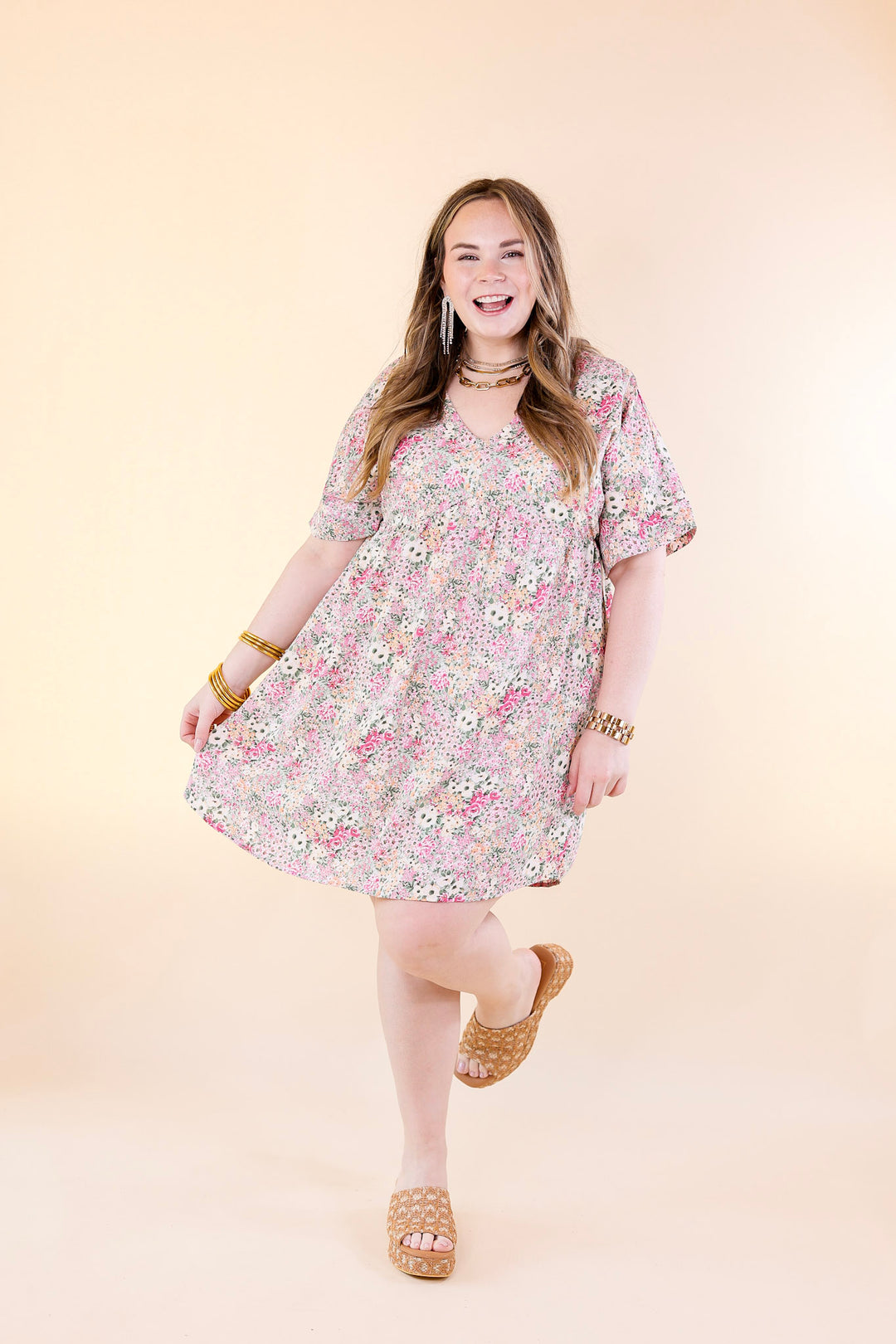 Fresh Blossoms Floral Print Babydoll Dress with V Neck in Green - Giddy Up Glamour Boutique