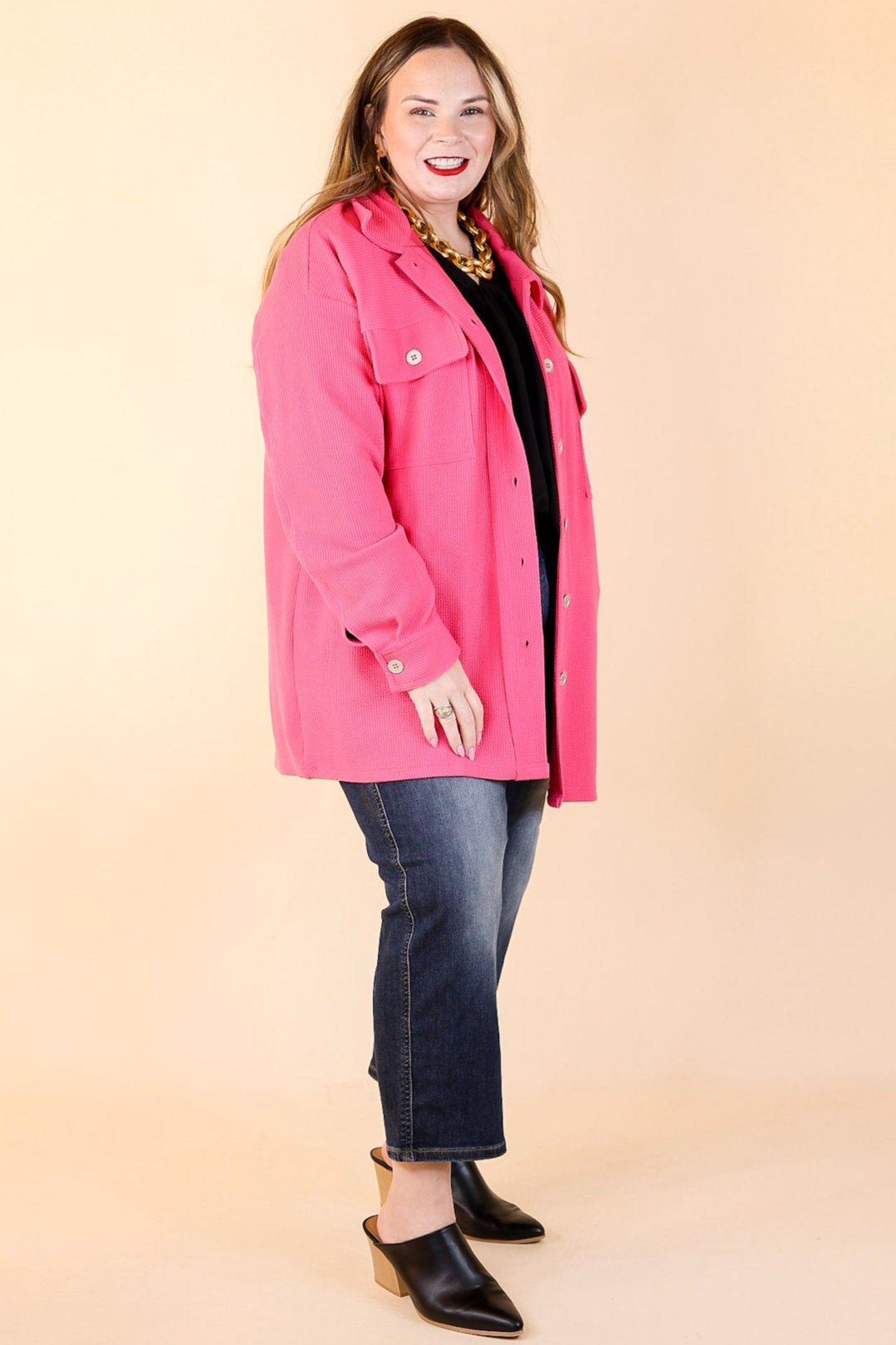 Say Less Button Up Knit Shacket in Fuchsia Pink