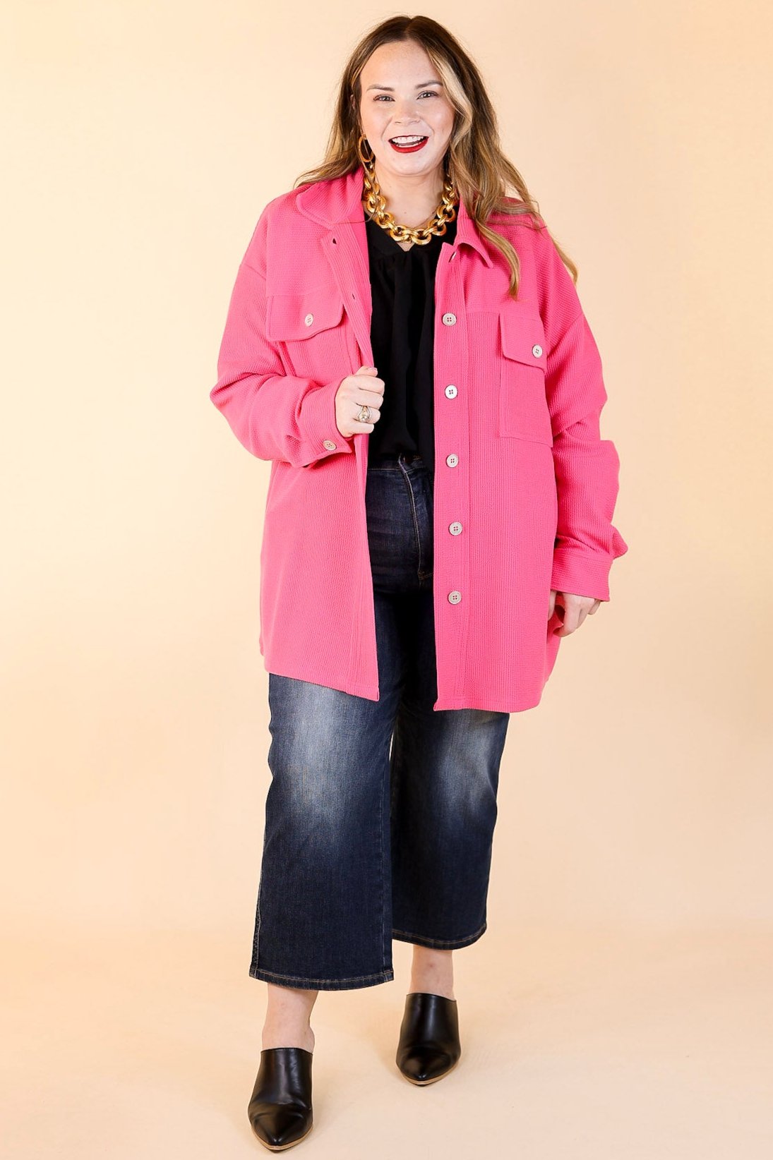 Say Less Button Up Knit Shacket in Fuchsia Pink