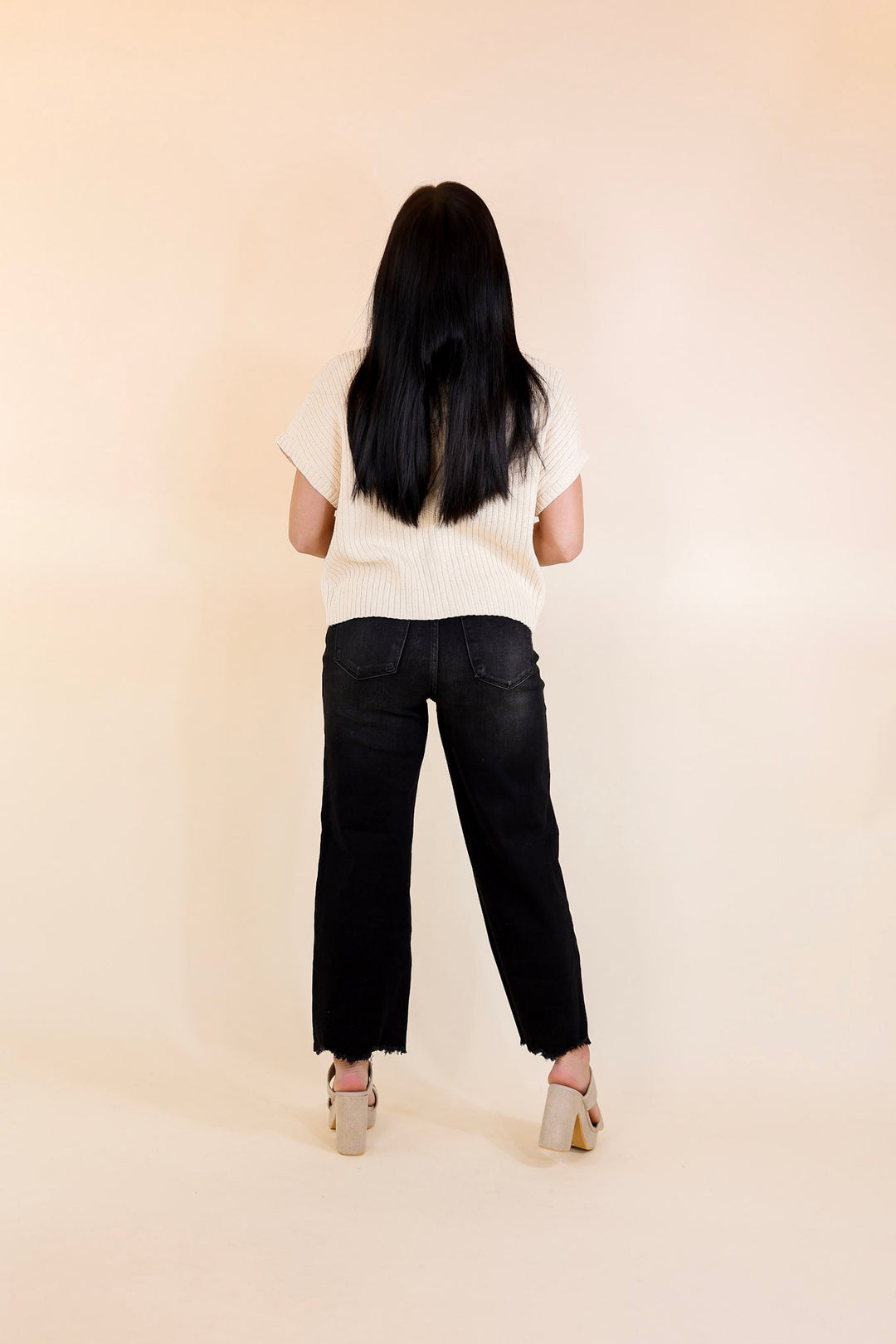 City Sights Cap Sleeve Summer Sweater Top with Pocket in Beige