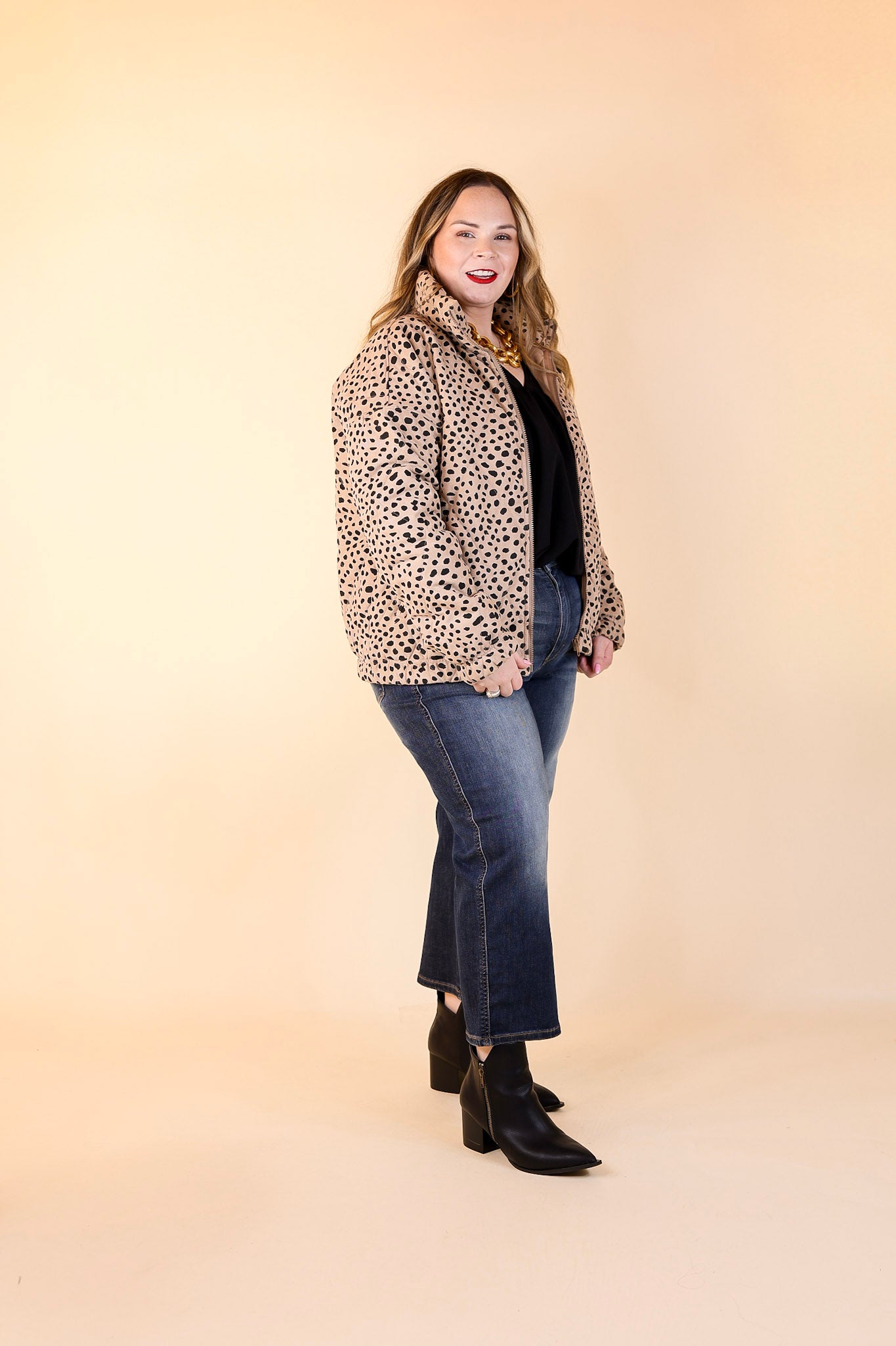 Snowy Sundays Dotted Zip Up Puffer Jacket in Taupe