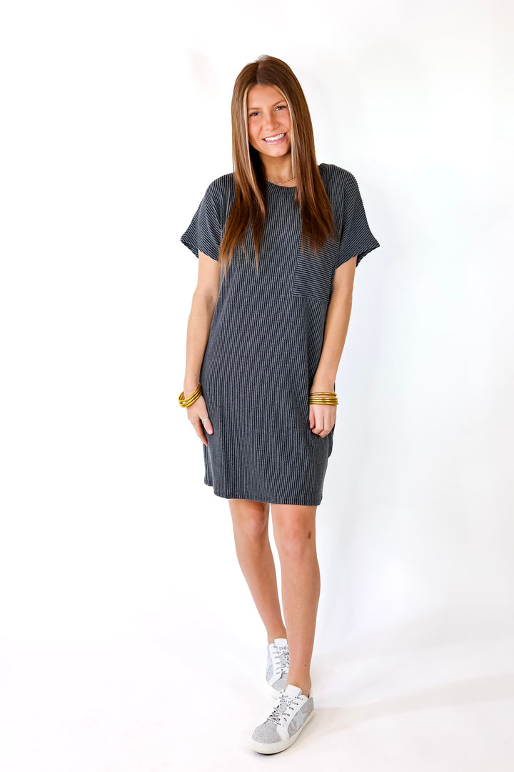 Coffee and Carefree Ribbed Short Sleeve Dress with Front Pocket in Charcoal - Giddy Up Glamour Boutique