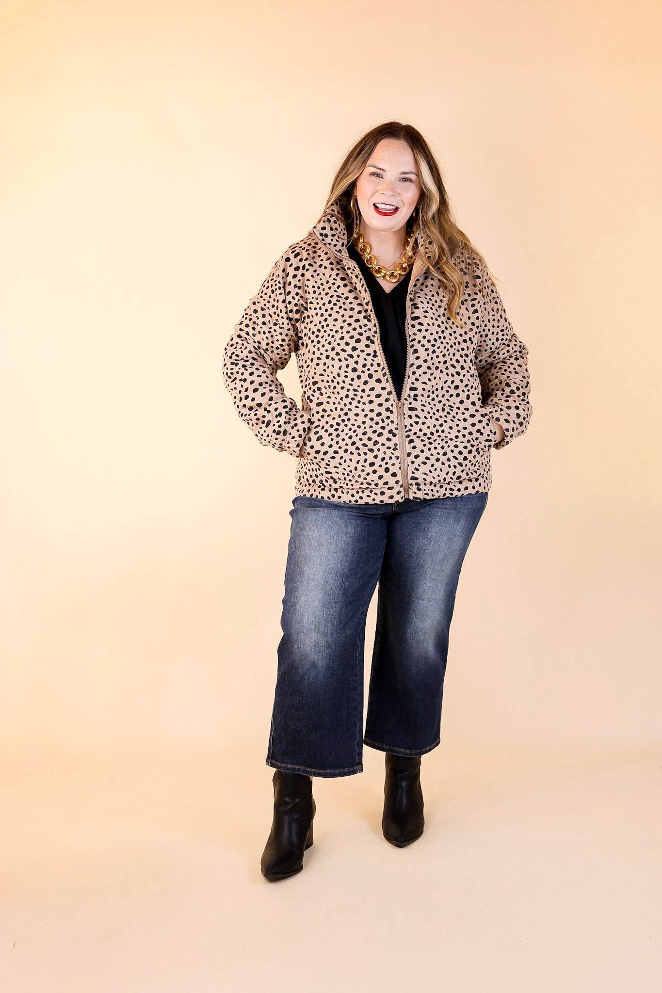 Snowy Sundays Dotted Zip Up Puffer Jacket in Taupe