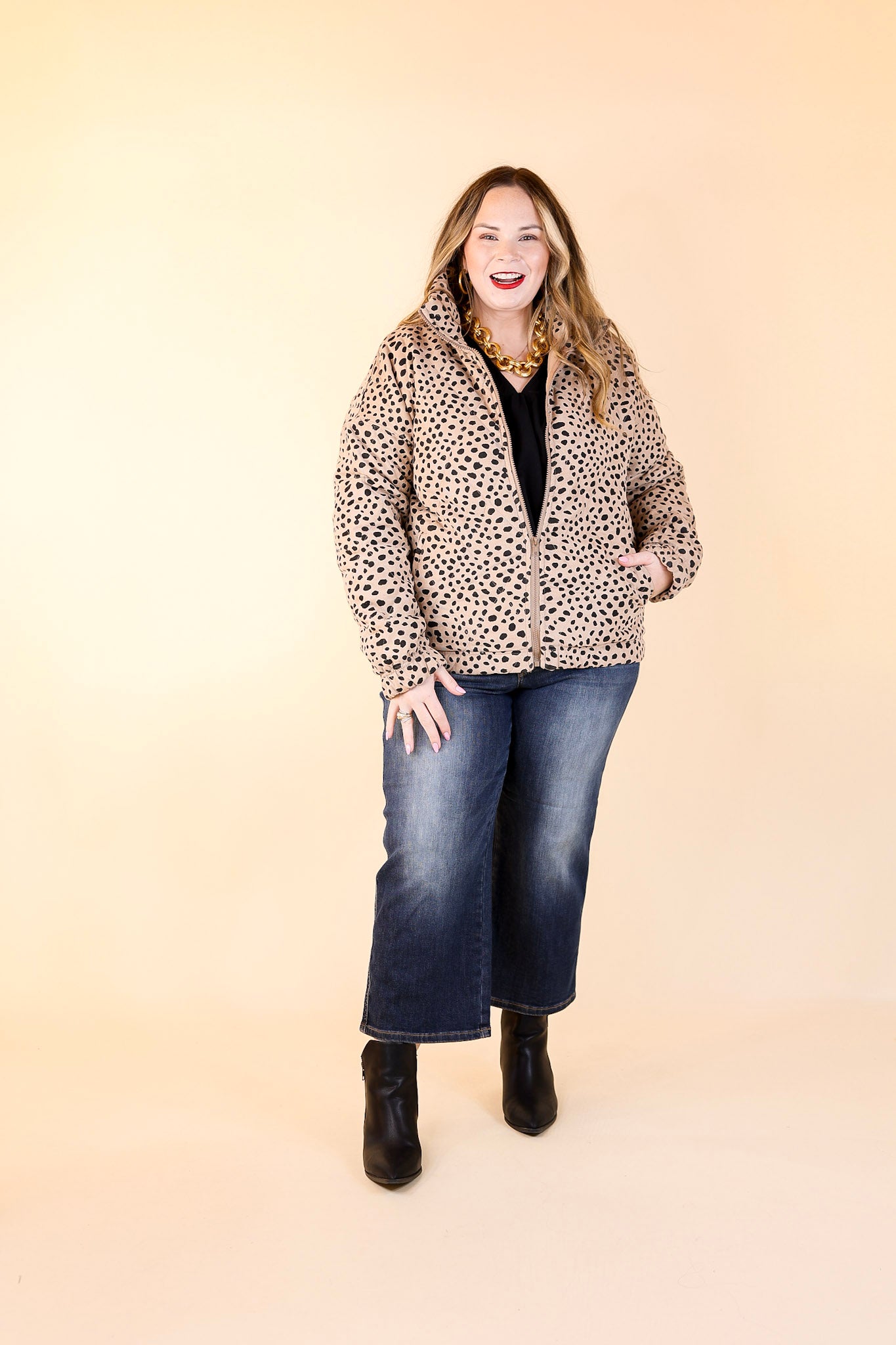 Snowy Sundays Dotted Zip Up Puffer Jacket in Taupe