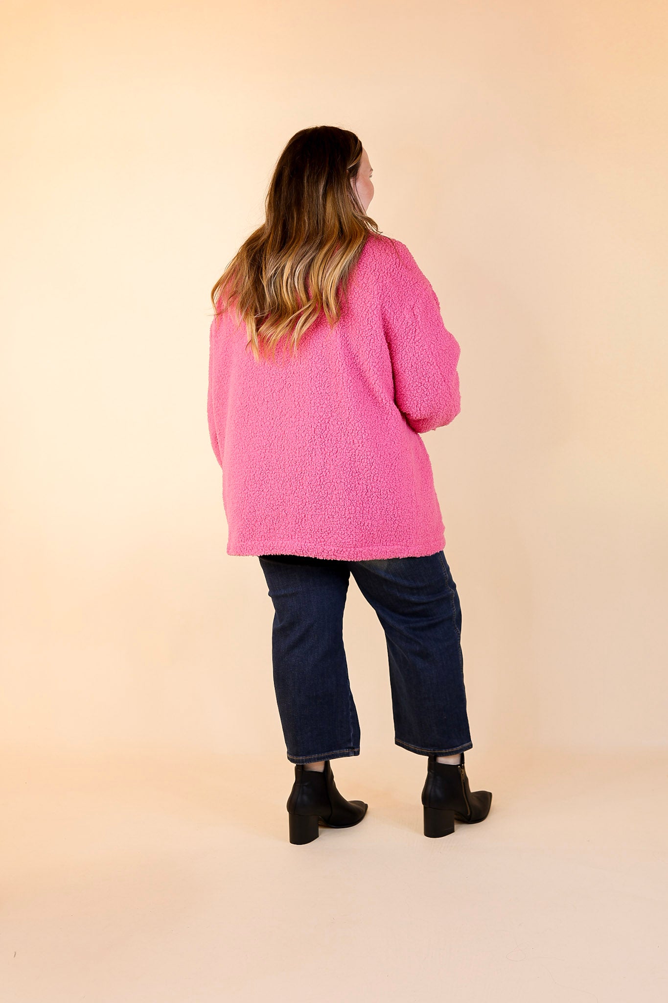 Plush Comfort Button Up Sherpa Shacket in Hot Pink