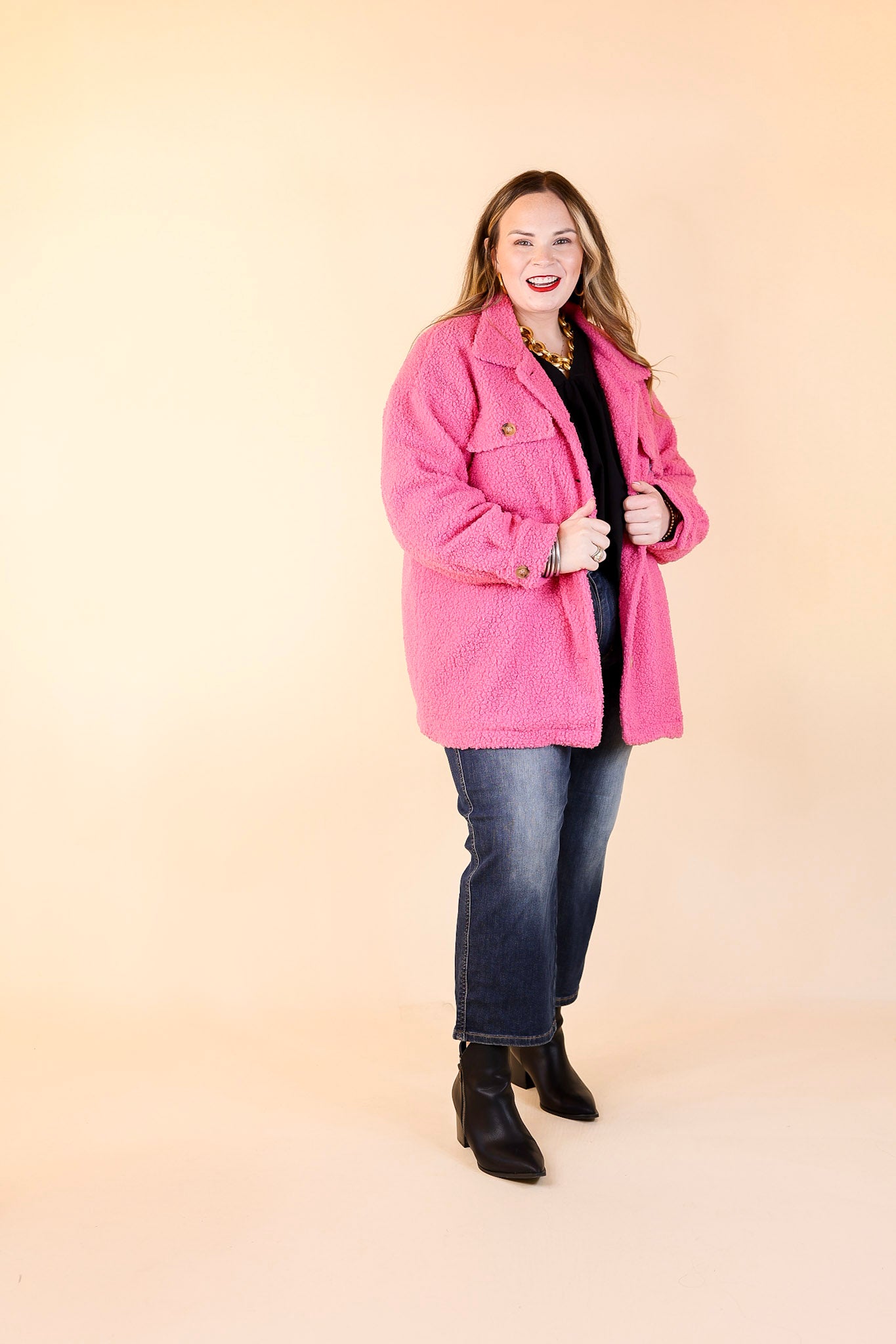 Plush Comfort Button Up Sherpa Shacket in Hot Pink