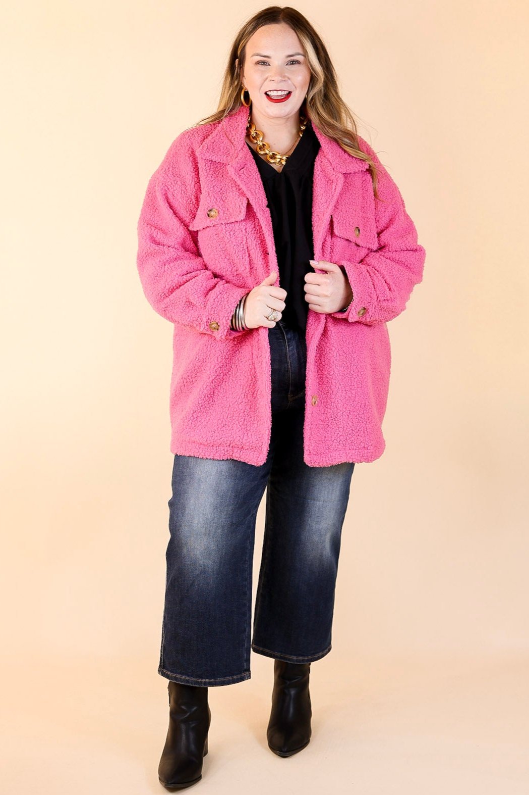 Plush Comfort Button Up Sherpa Shacket in Hot Pink