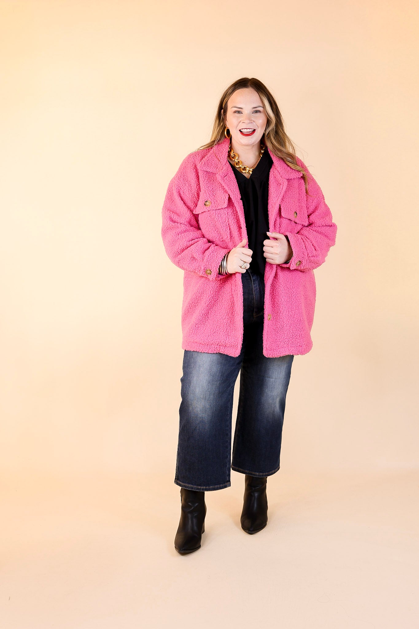 Plush Comfort Button Up Sherpa Shacket in Hot Pink