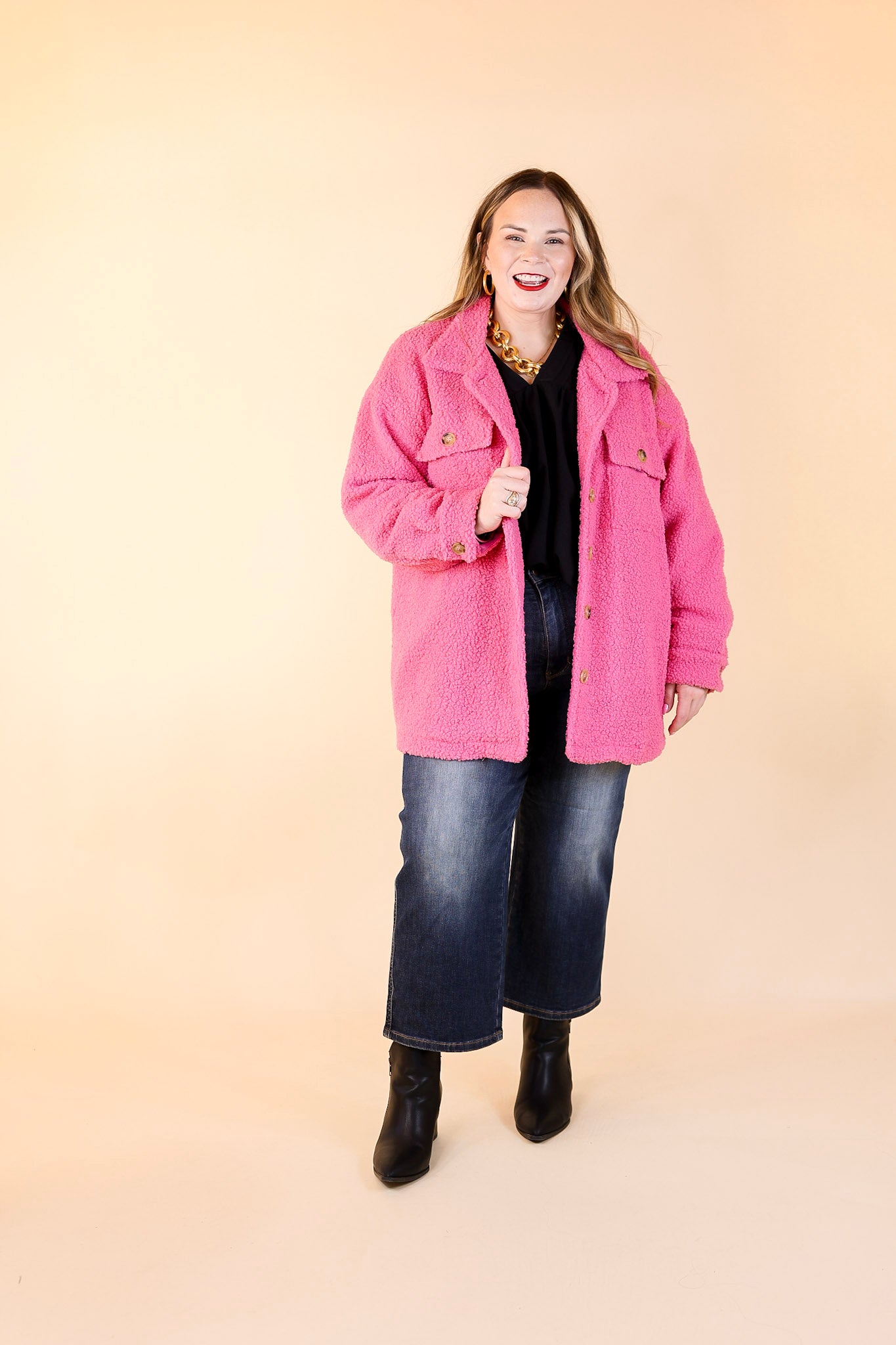 Plush Comfort Button Up Sherpa Shacket in Hot Pink