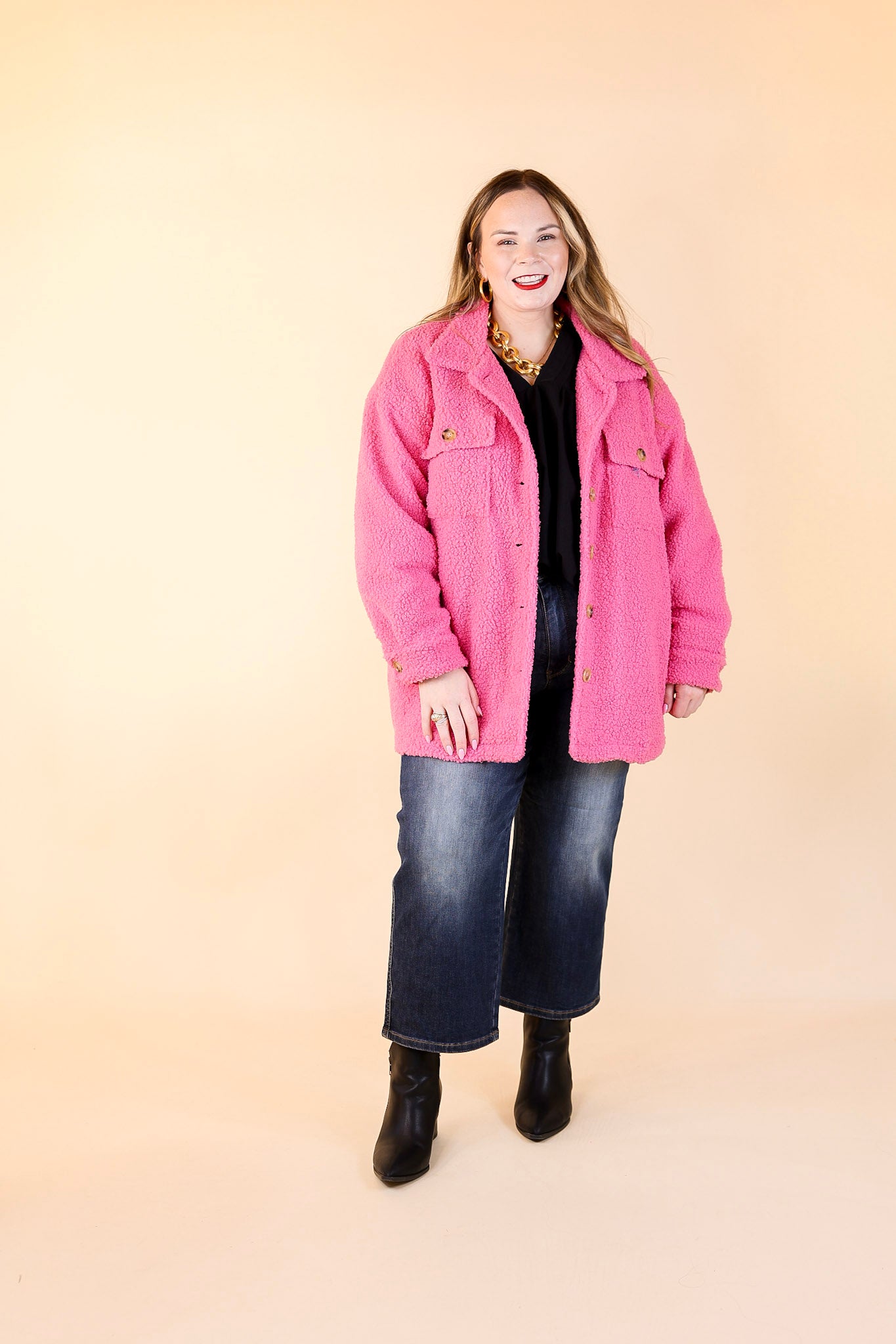 Plush Comfort Button Up Sherpa Shacket in Hot Pink