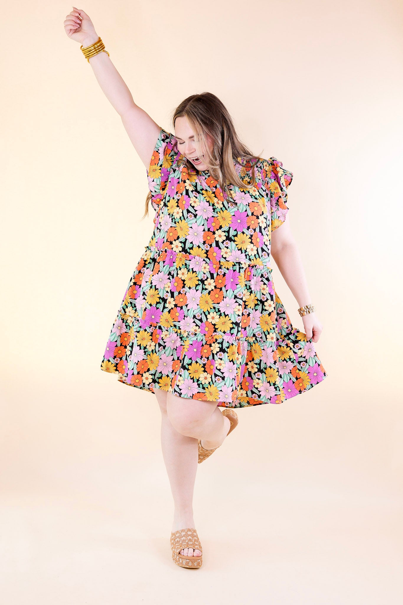 Pretty Days Floral Notched Neckline Dress in Black - Giddy Up Glamour Boutique