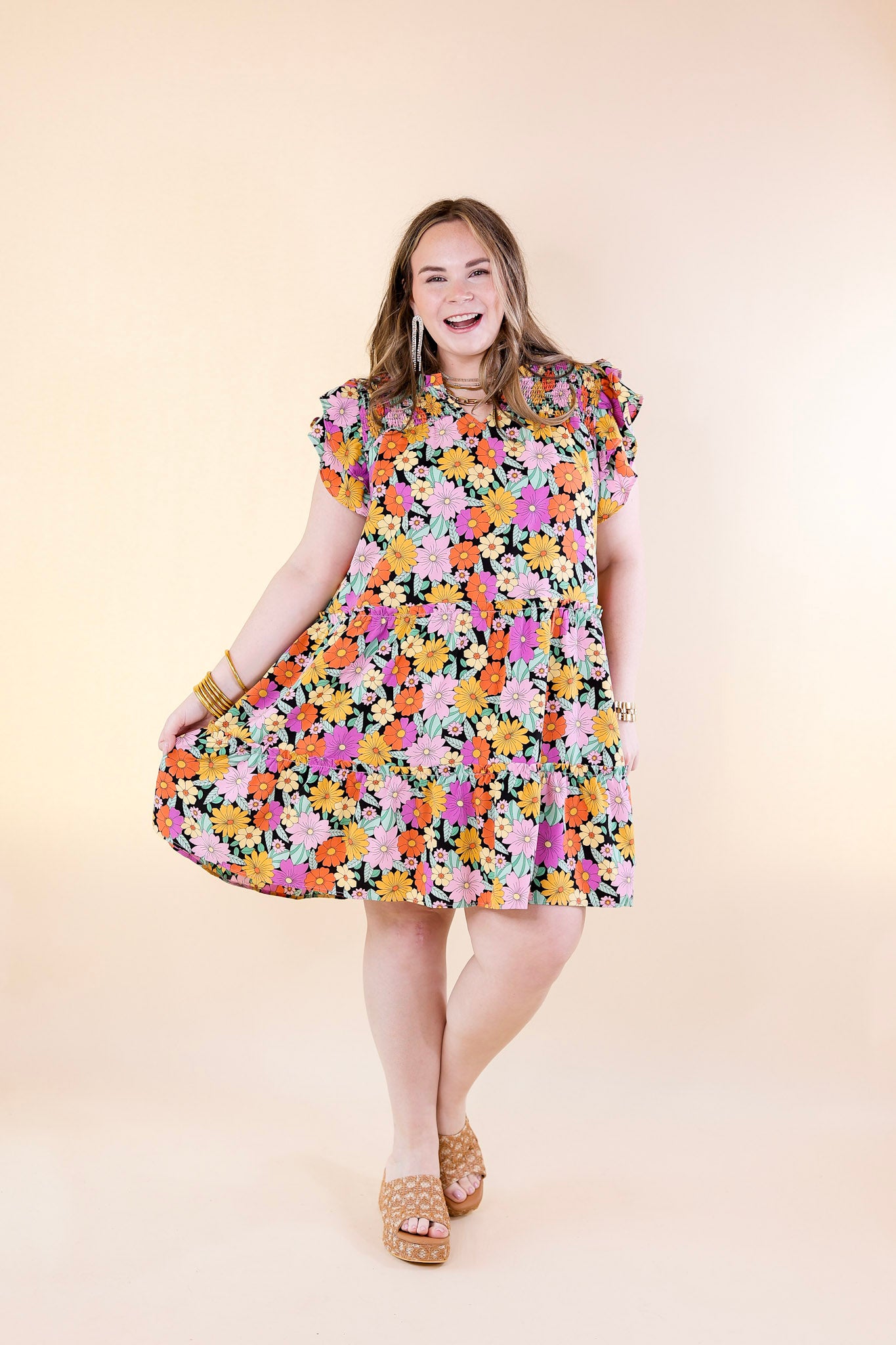 Pretty Days Floral Notched Neckline Dress in Black - Giddy Up Glamour Boutique