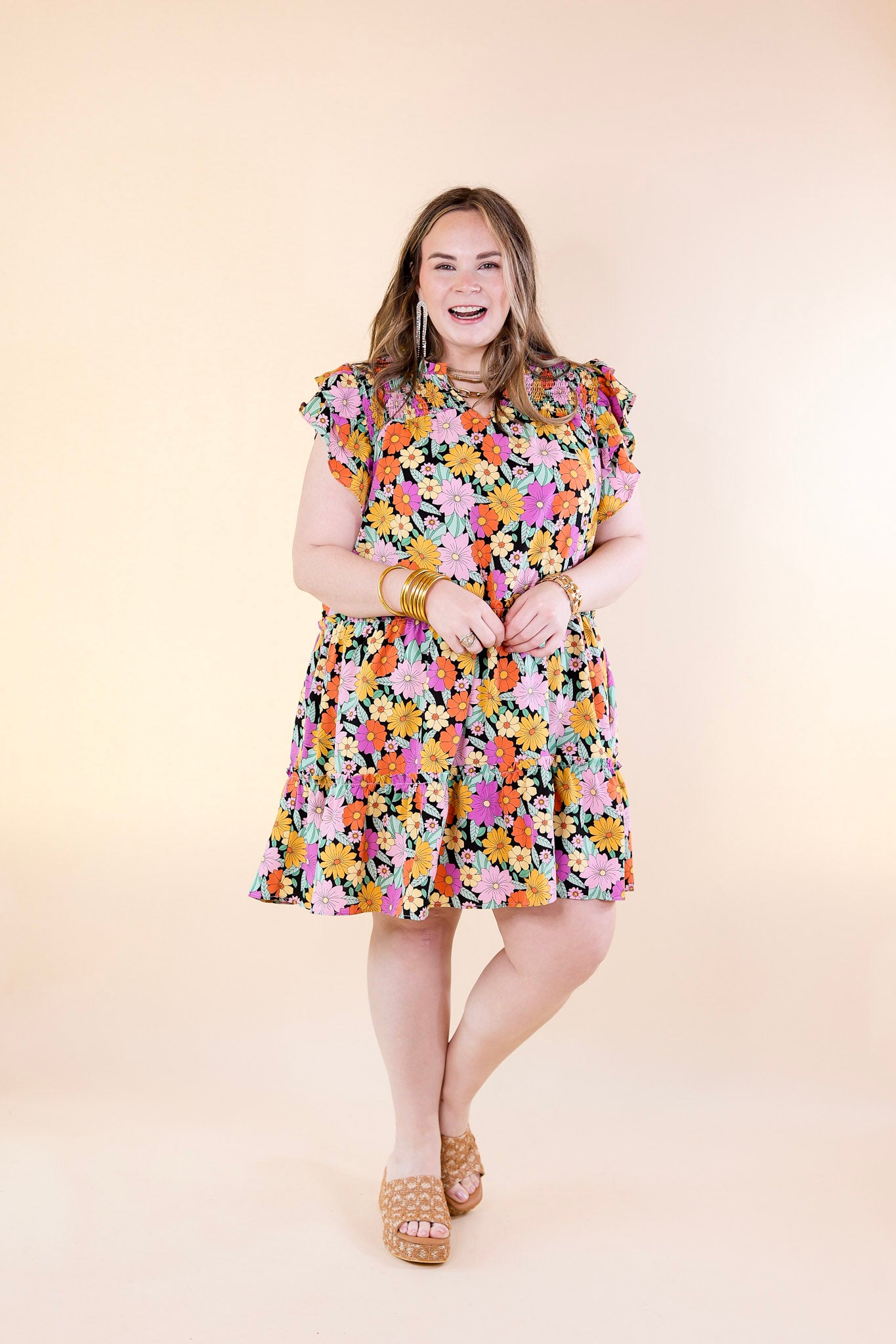 Pretty Days Floral Notched Neckline Dress in Black - Giddy Up Glamour Boutique