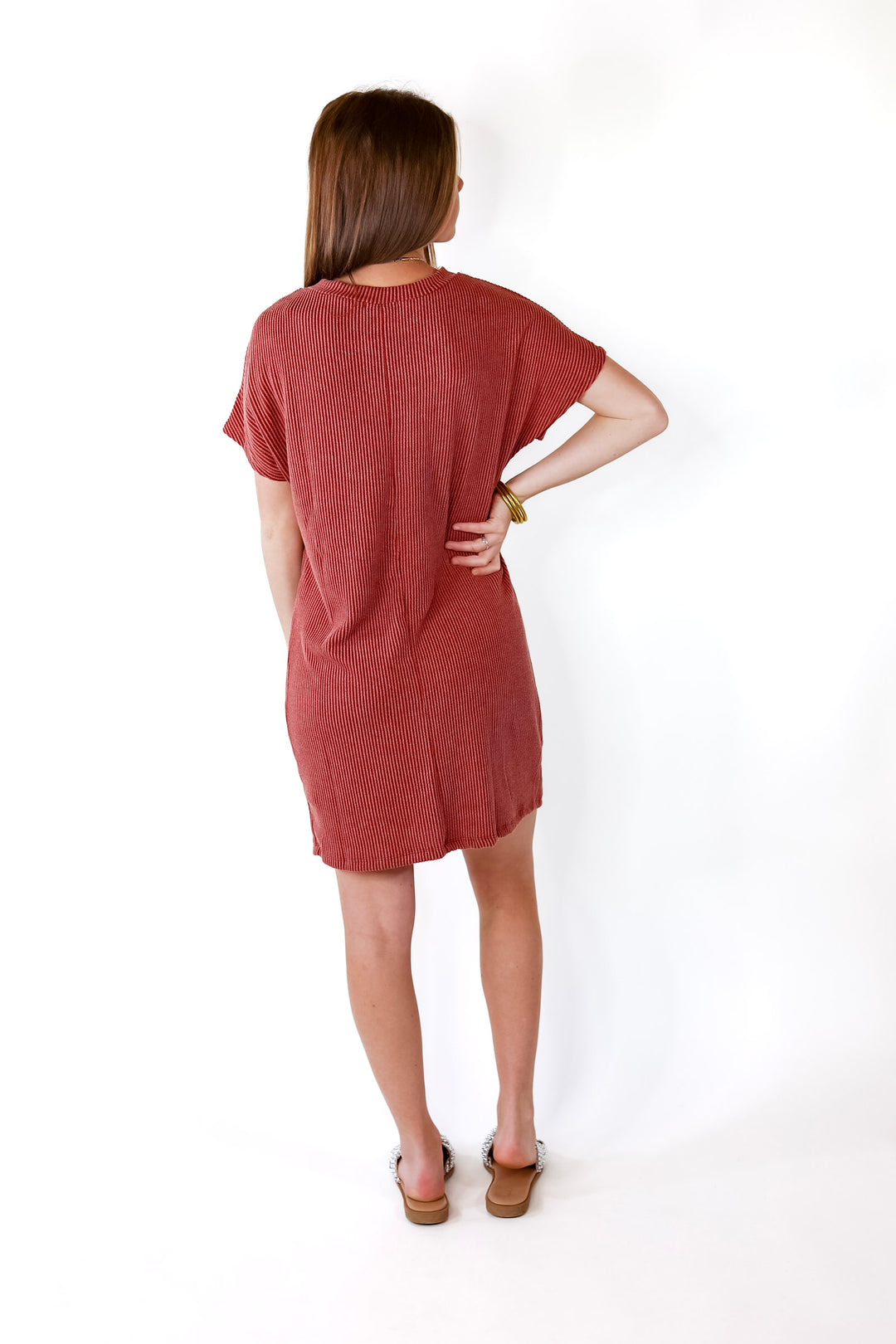 Coffee and Carefree Ribbed Short Sleeve Dress with Front Pocket in Rust Red - Giddy Up Glamour Boutique