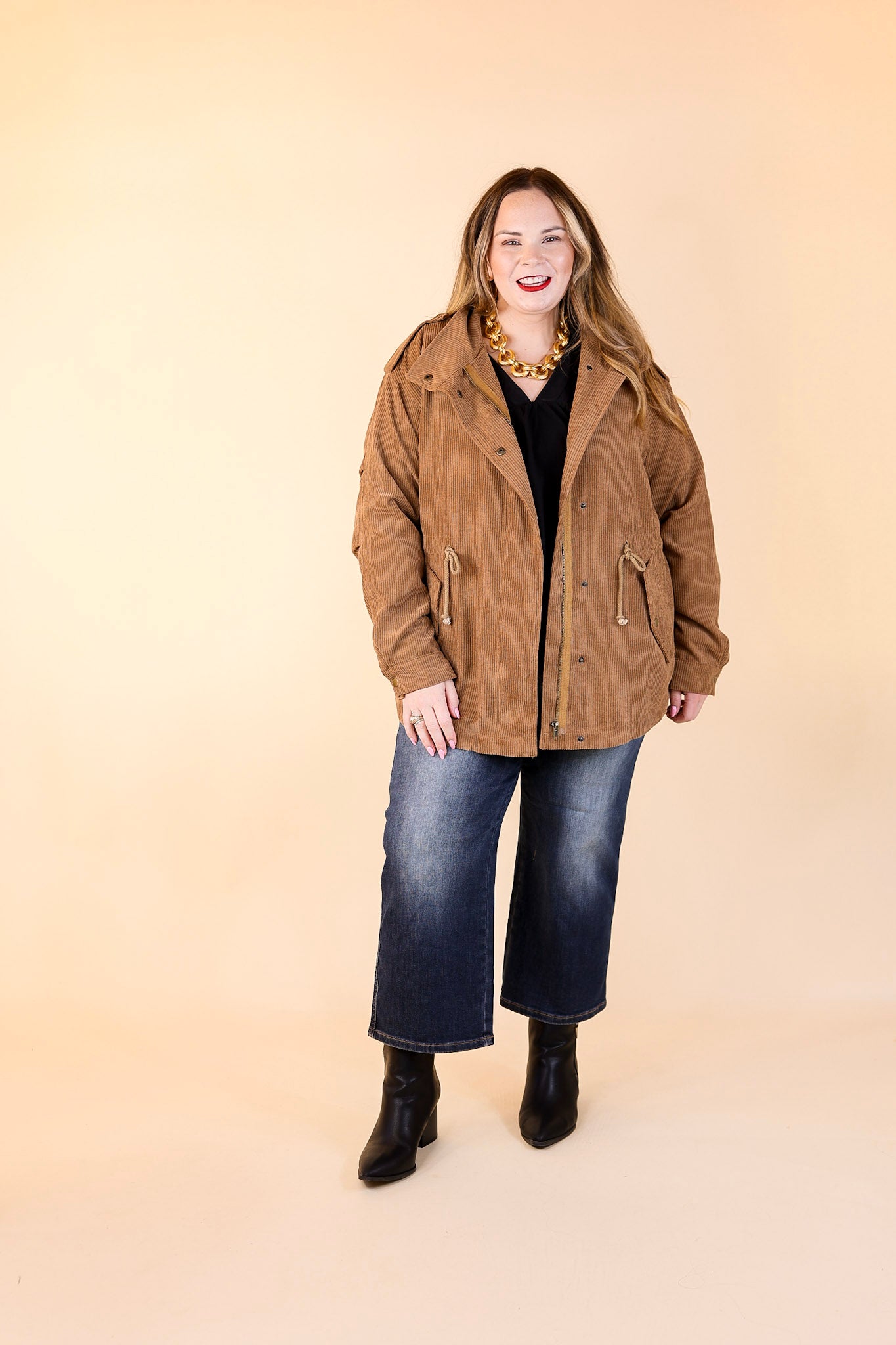 Warm Soul Corduroy Button and Zip Up Utility Jacket in Camel Brown