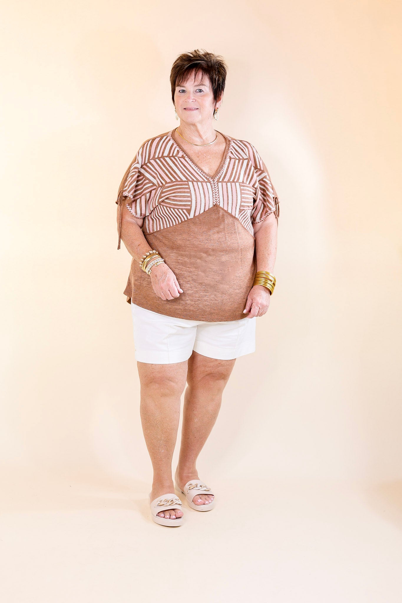 In the Desert Pink and Ivory Embroidered Top with Sleeve Ties in Brown