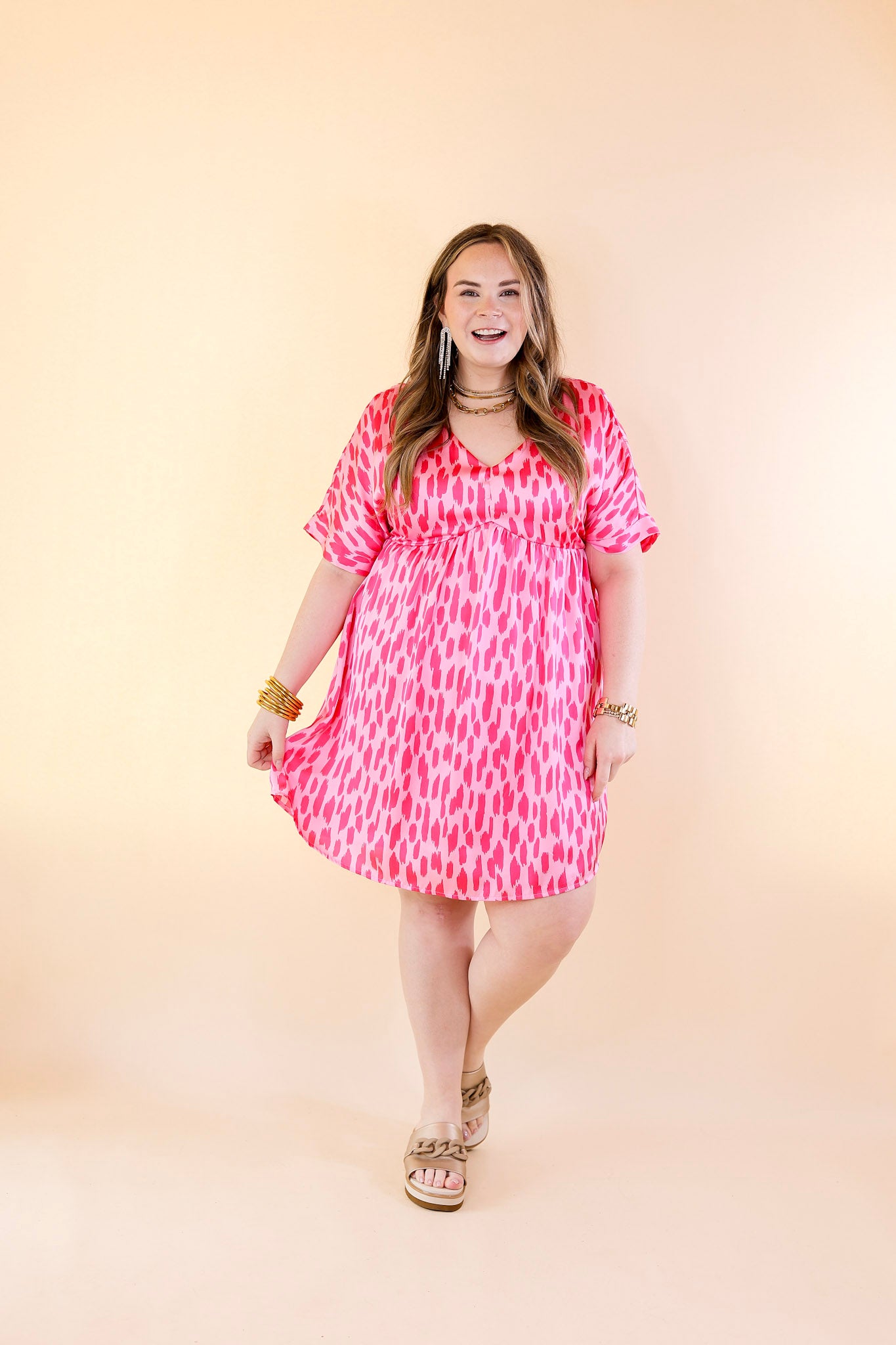 Fresh Blossoms Dotted Print Babydoll Dress with V Neck in Pink - Giddy Up Glamour Boutique