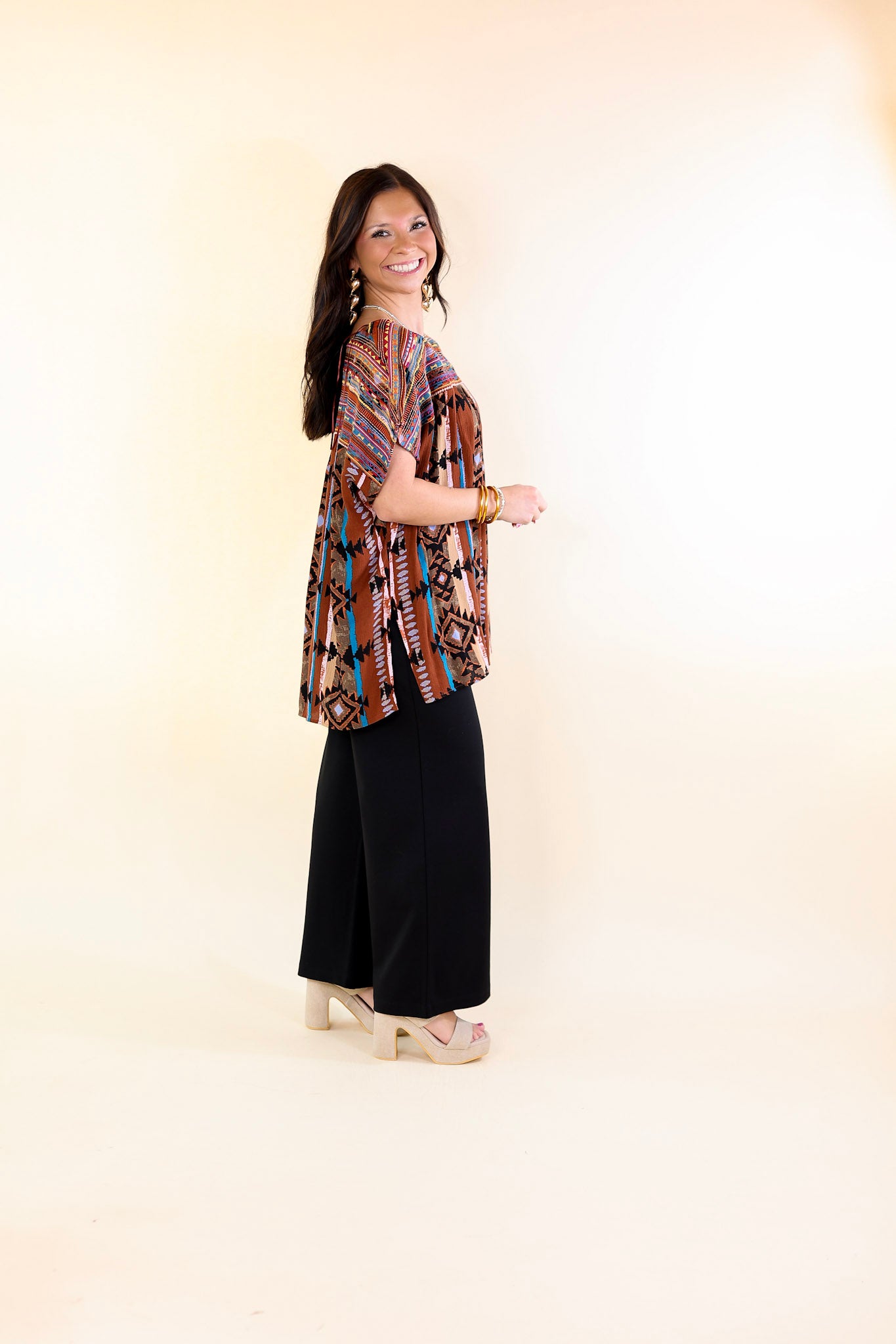 Colors Of The West Aztec Print Embroidered Cap Sleeve Top in Brown