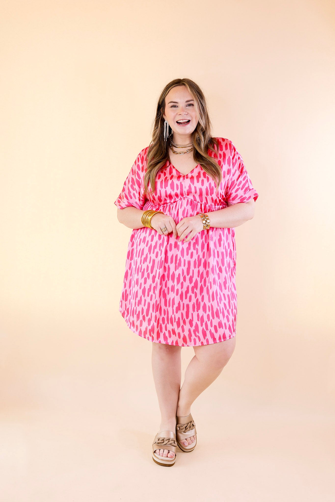 Fresh Blossoms Dotted Print Babydoll Dress with V Neck in Pink - Giddy Up Glamour Boutique