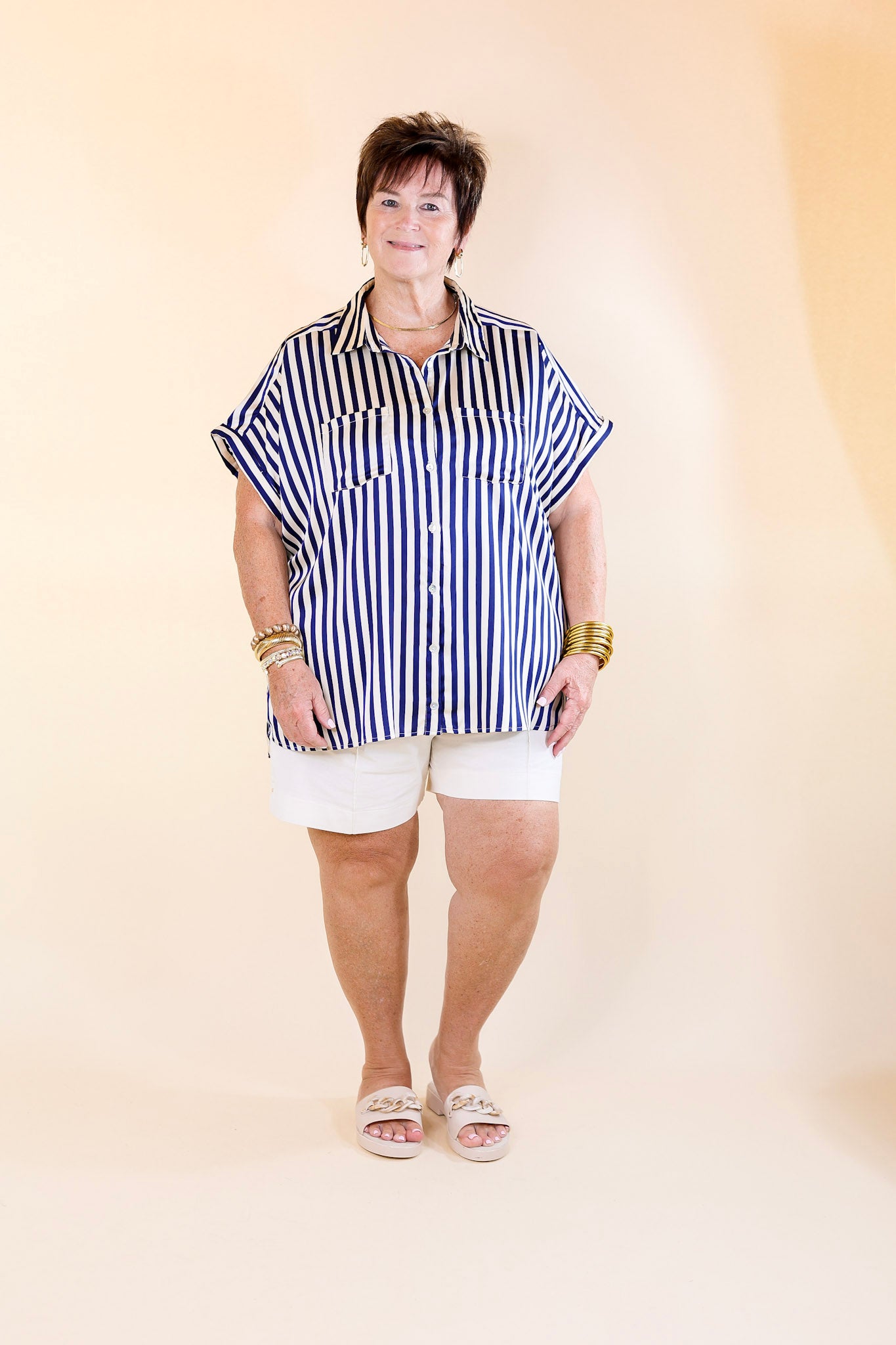 Free To Be Fab Button Up Short Sleeve Striped Top in Navy Blue