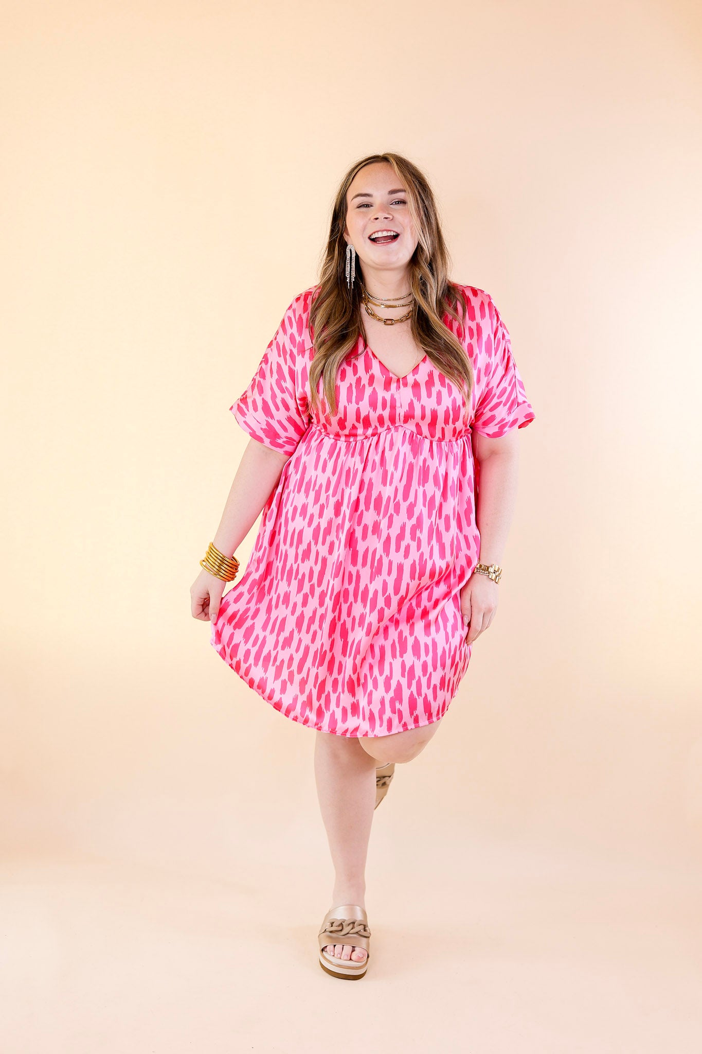 Fresh Blossoms Dotted Print Babydoll Dress with V Neck in Pink - Giddy Up Glamour Boutique