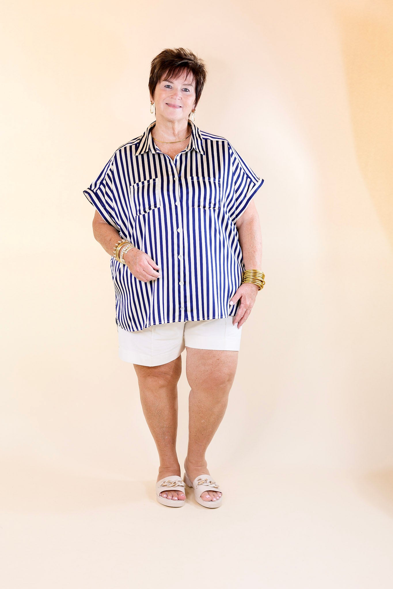 Free To Be Fab Button Up Short Sleeve Striped Top in Navy Blue