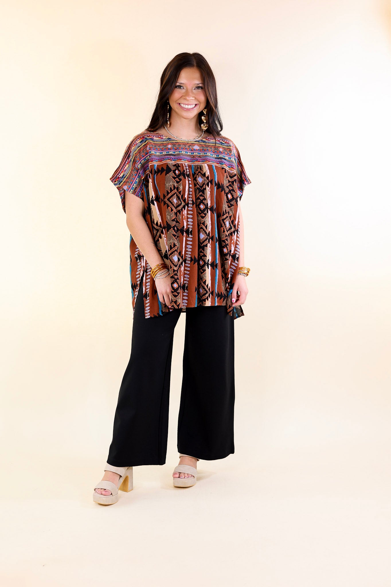 Colors Of The West Aztec Print Embroidered Cap Sleeve Top in Brown