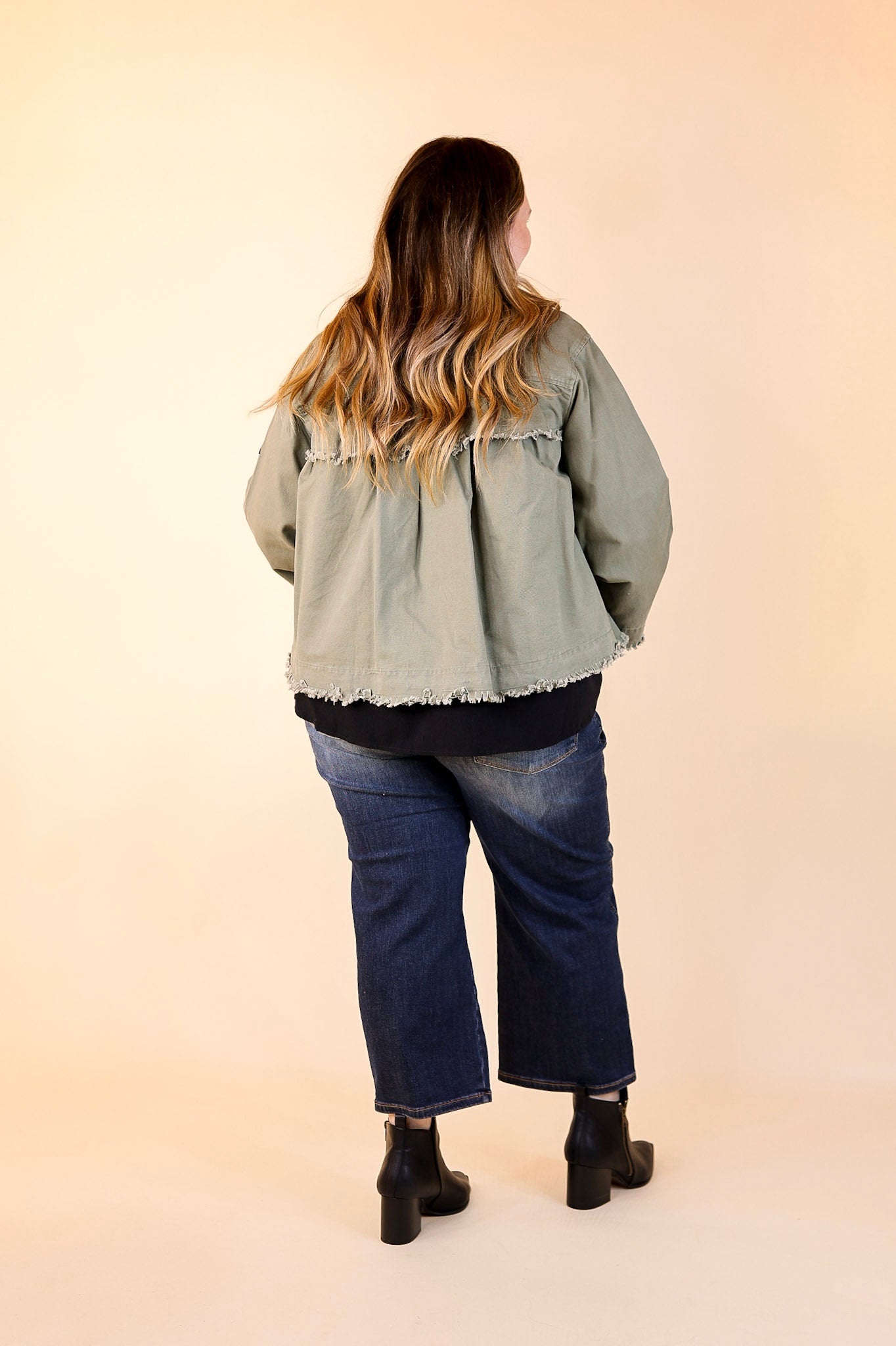 Downtown Denver Flare Sleeve Cropped Jacket with Patches in Olive Green