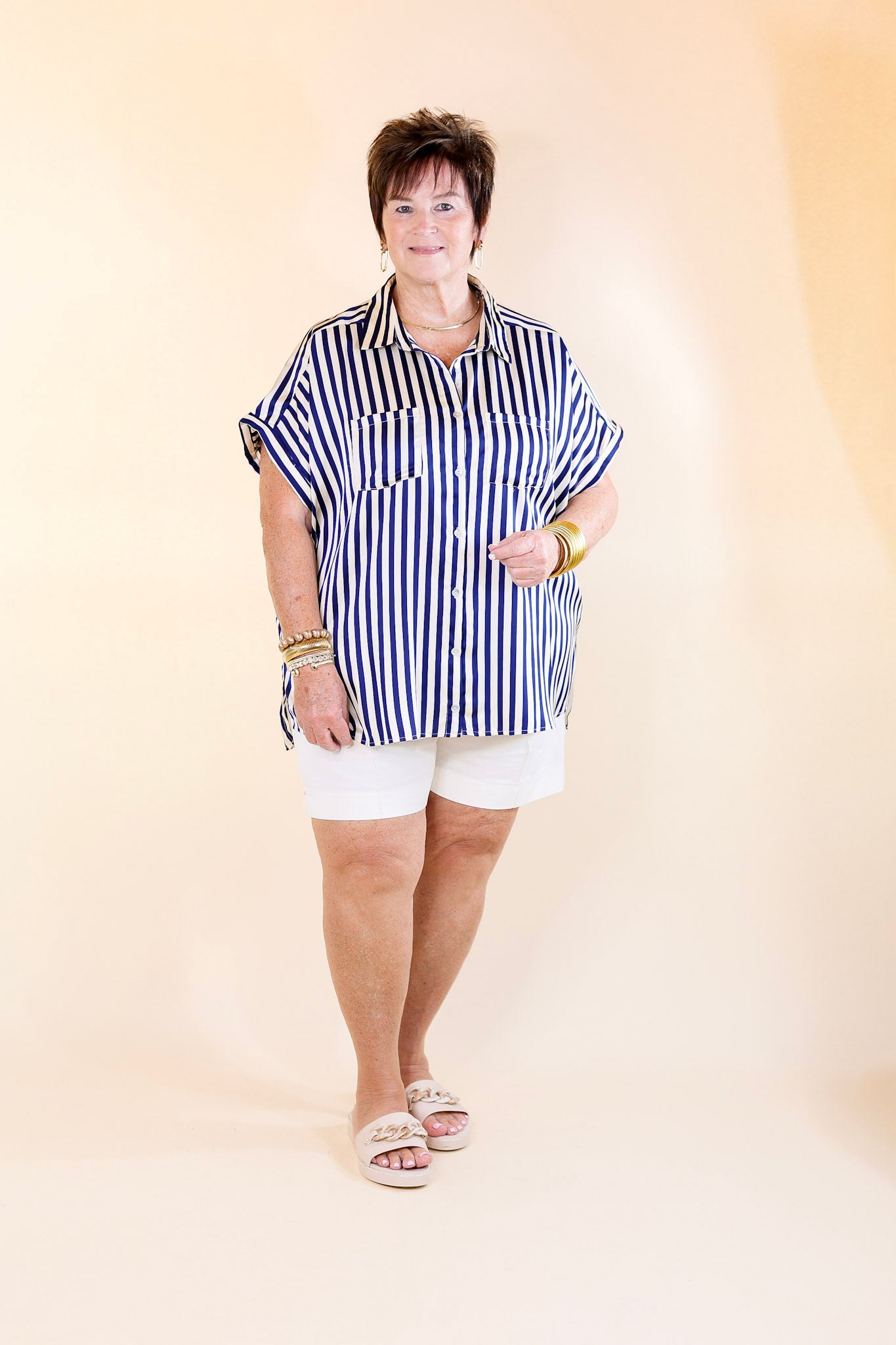 Free To Be Fab Button Up Short Sleeve Striped Top in Navy Blue