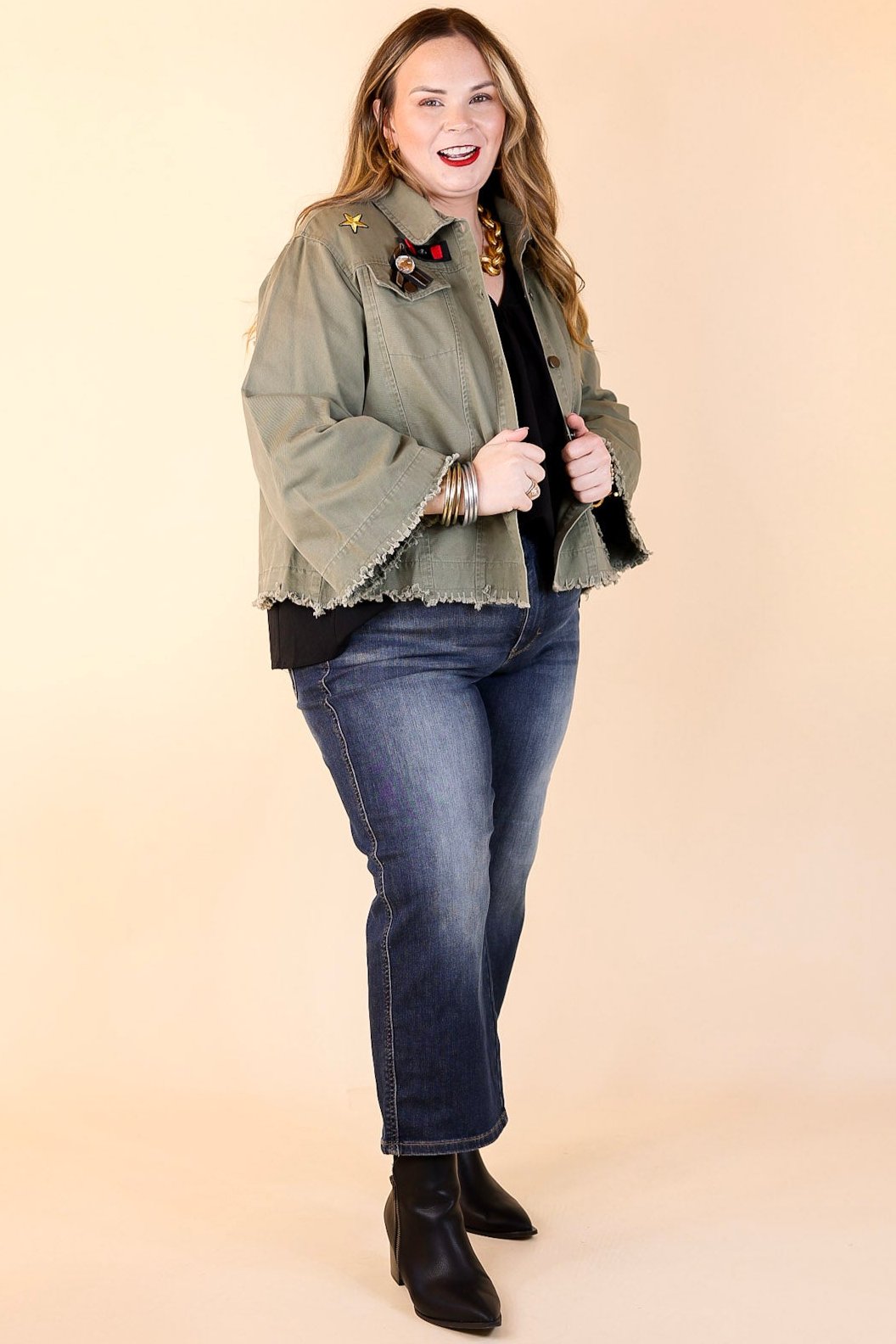 Downtown Denver Flare Sleeve Cropped Jacket with Patches in Olive Green