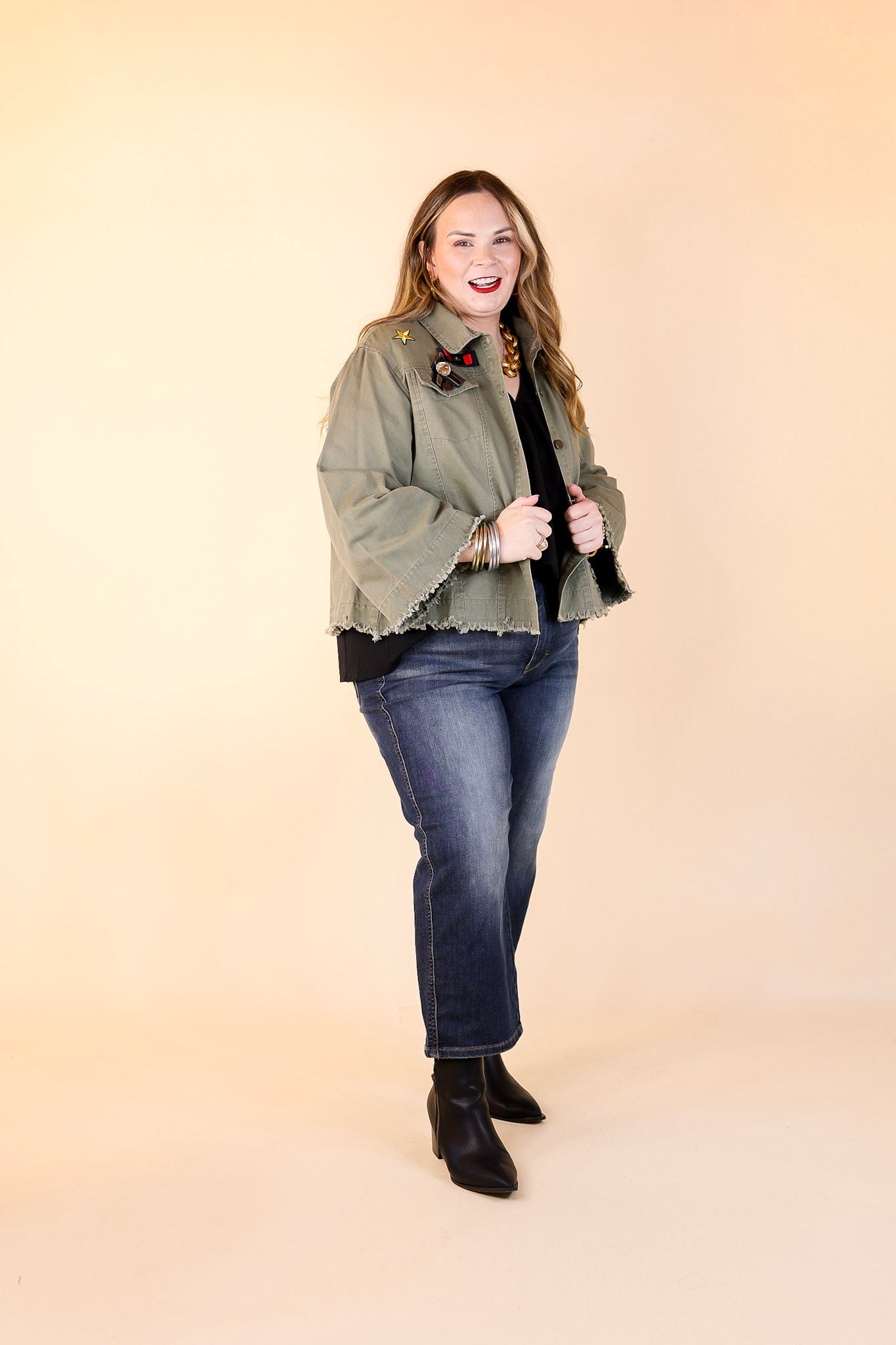 Downtown Denver Flare Sleeve Cropped Jacket with Patches in Olive Green