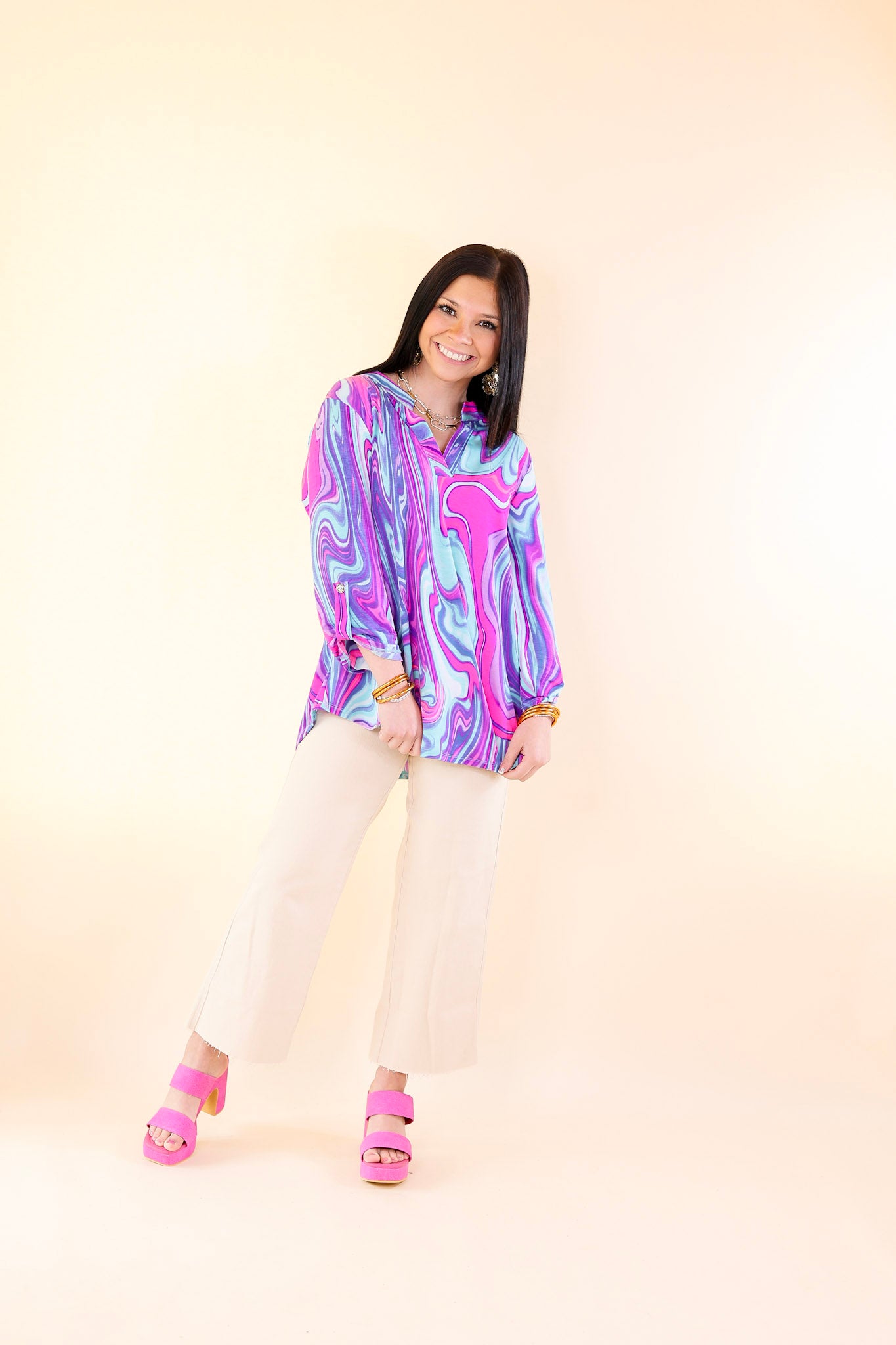 Urban Elegance Marble 3/4 Sleeve Tunic Top in Purple Mix - Giddy Up Glamour Boutique