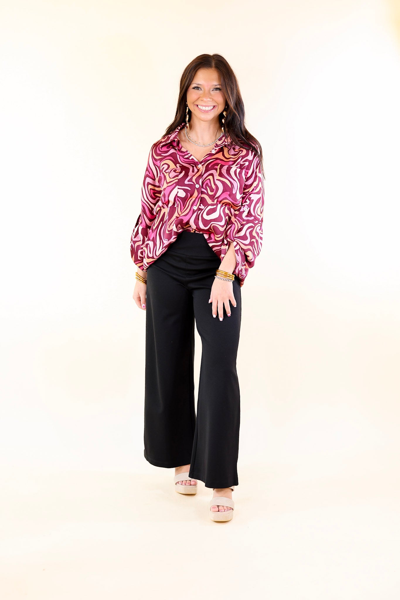 A Perfect Day Swirl Print Button Up Top in Magenta Purple