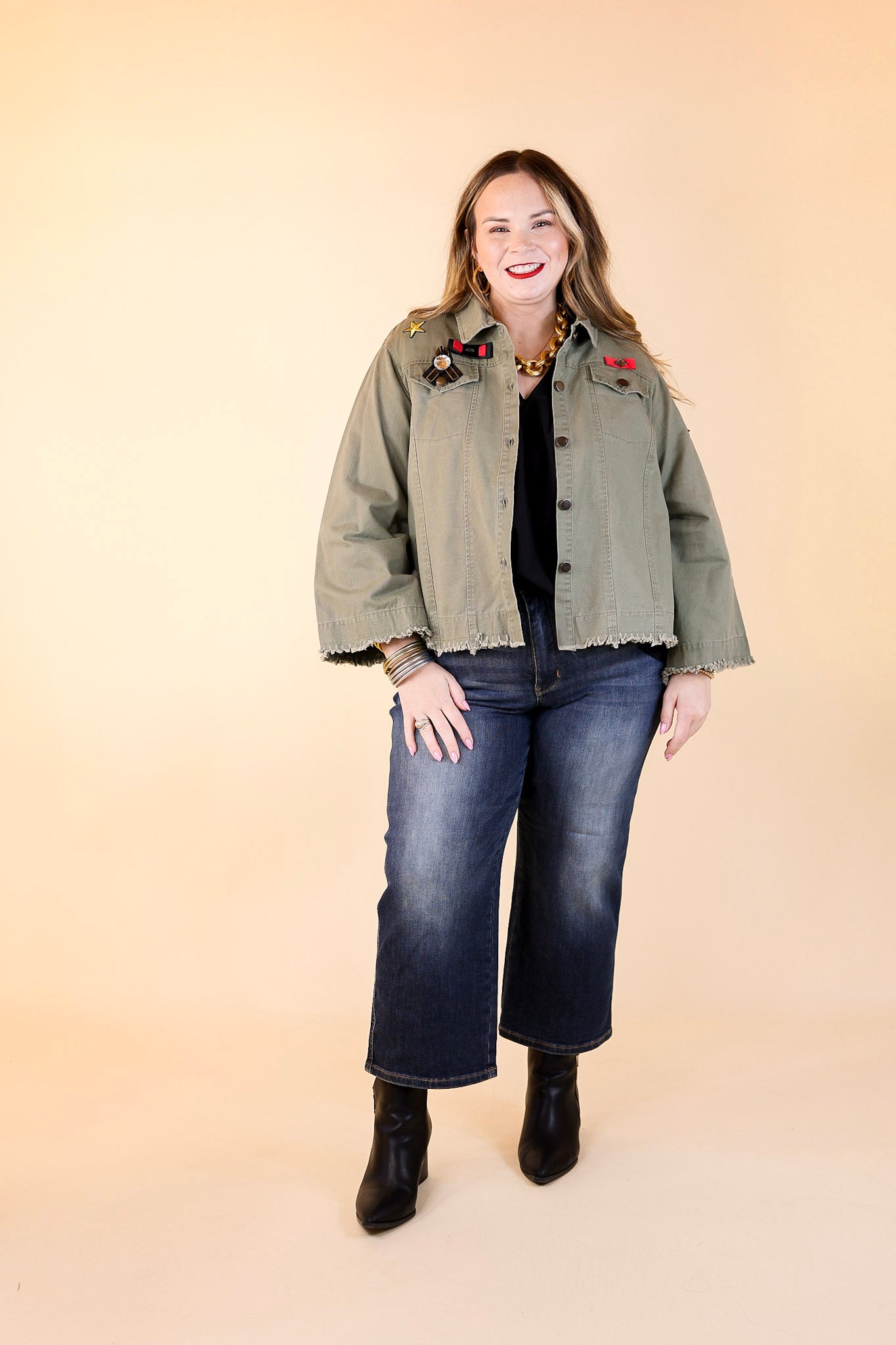 Downtown Denver Flare Sleeve Cropped Jacket with Patches in Olive Green