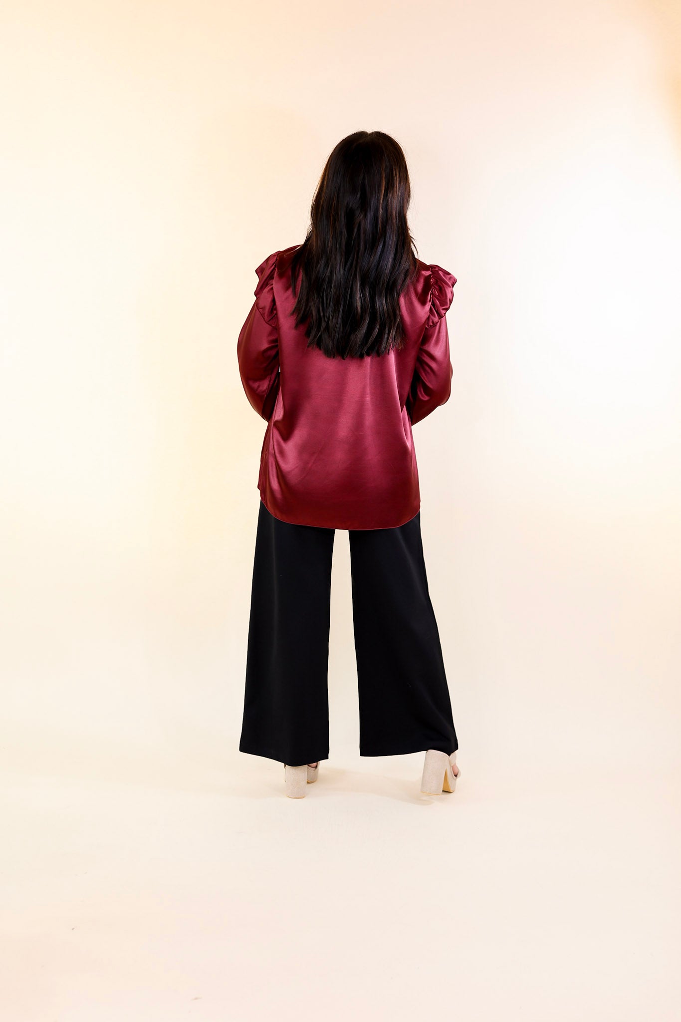 Can't Stop Me Ruffle Mock Neck Long Sleeve Satin Top in Maroon