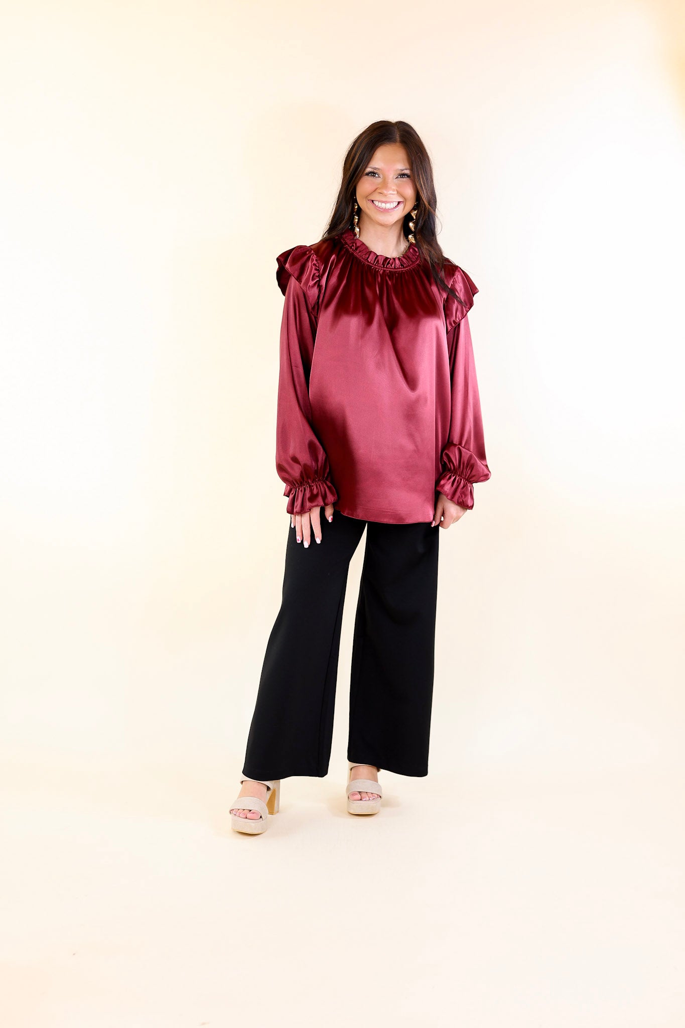 Can't Stop Me Ruffle Mock Neck Long Sleeve Satin Top in Maroon