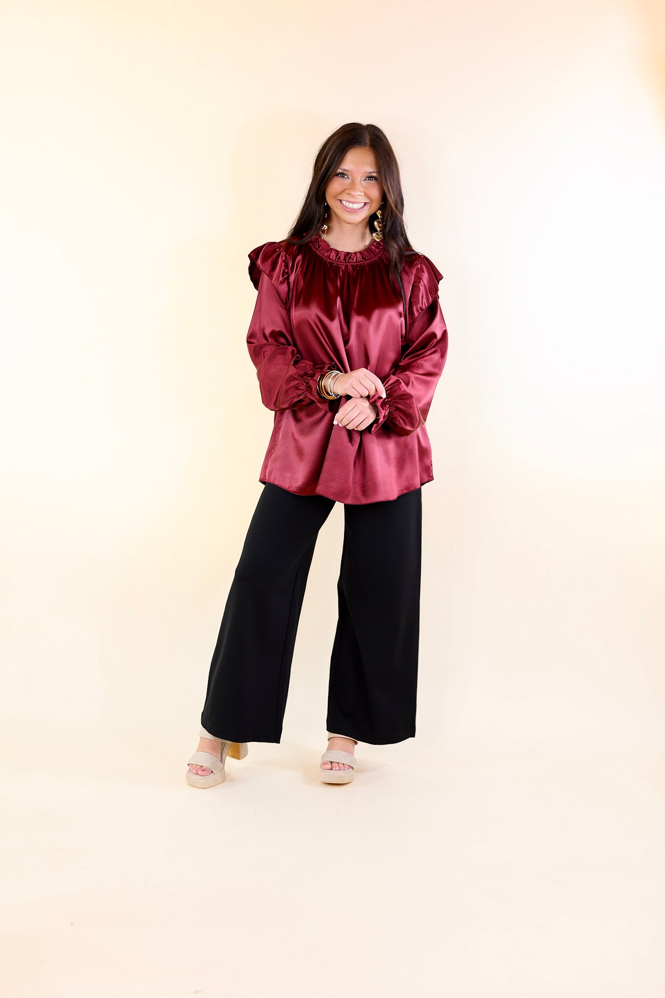 Can't Stop Me Ruffle Mock Neck Long Sleeve Satin Top in Maroon