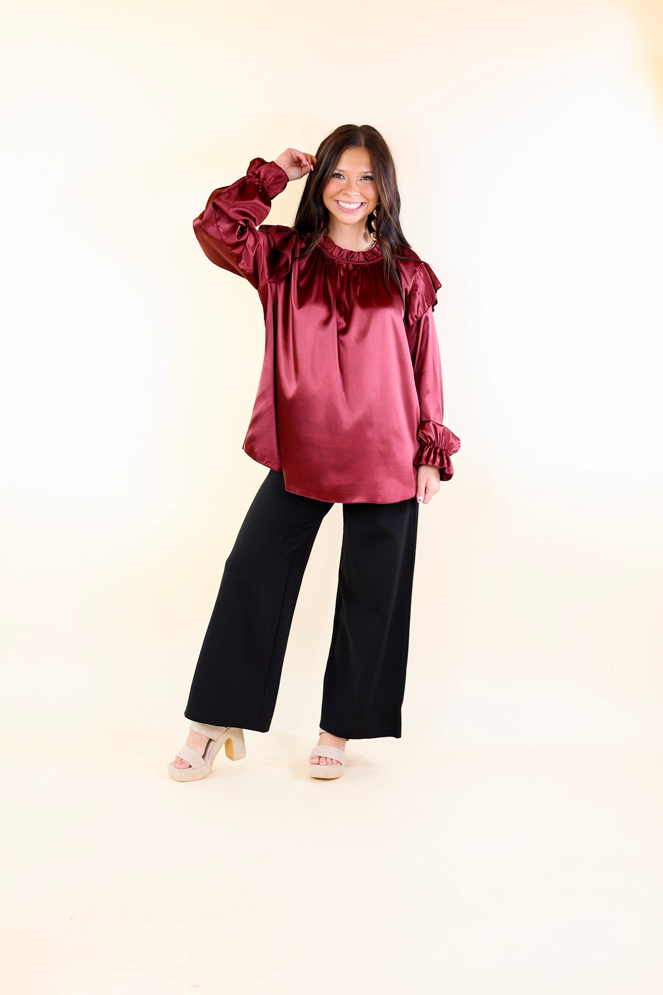 Can't Stop Me Ruffle Mock Neck Long Sleeve Satin Top in Maroon