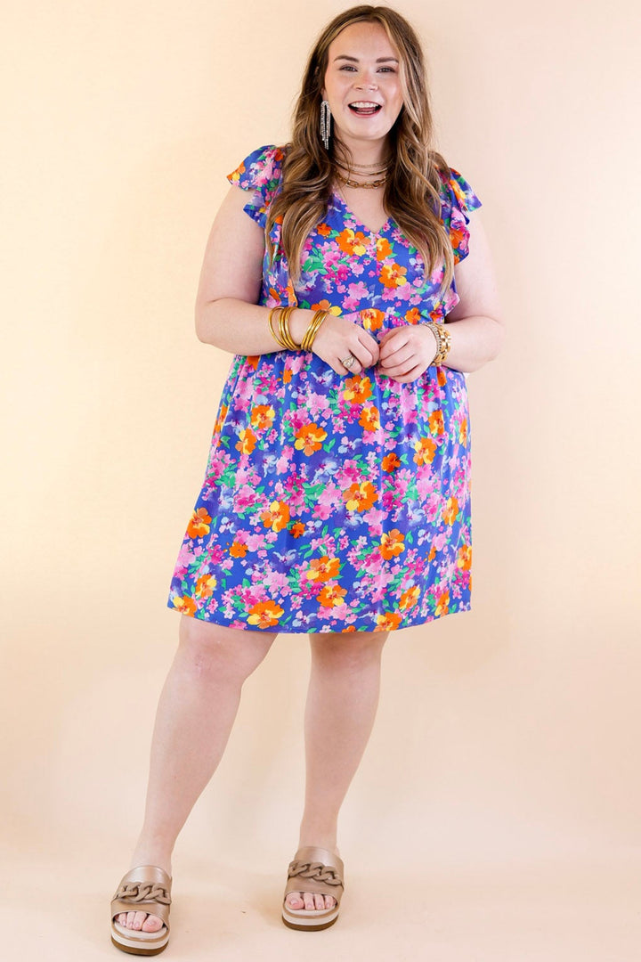 Sunshine On My Mind Floral Ruffle Cap Sleeve Dress in Blue - Giddy Up Glamour Boutique