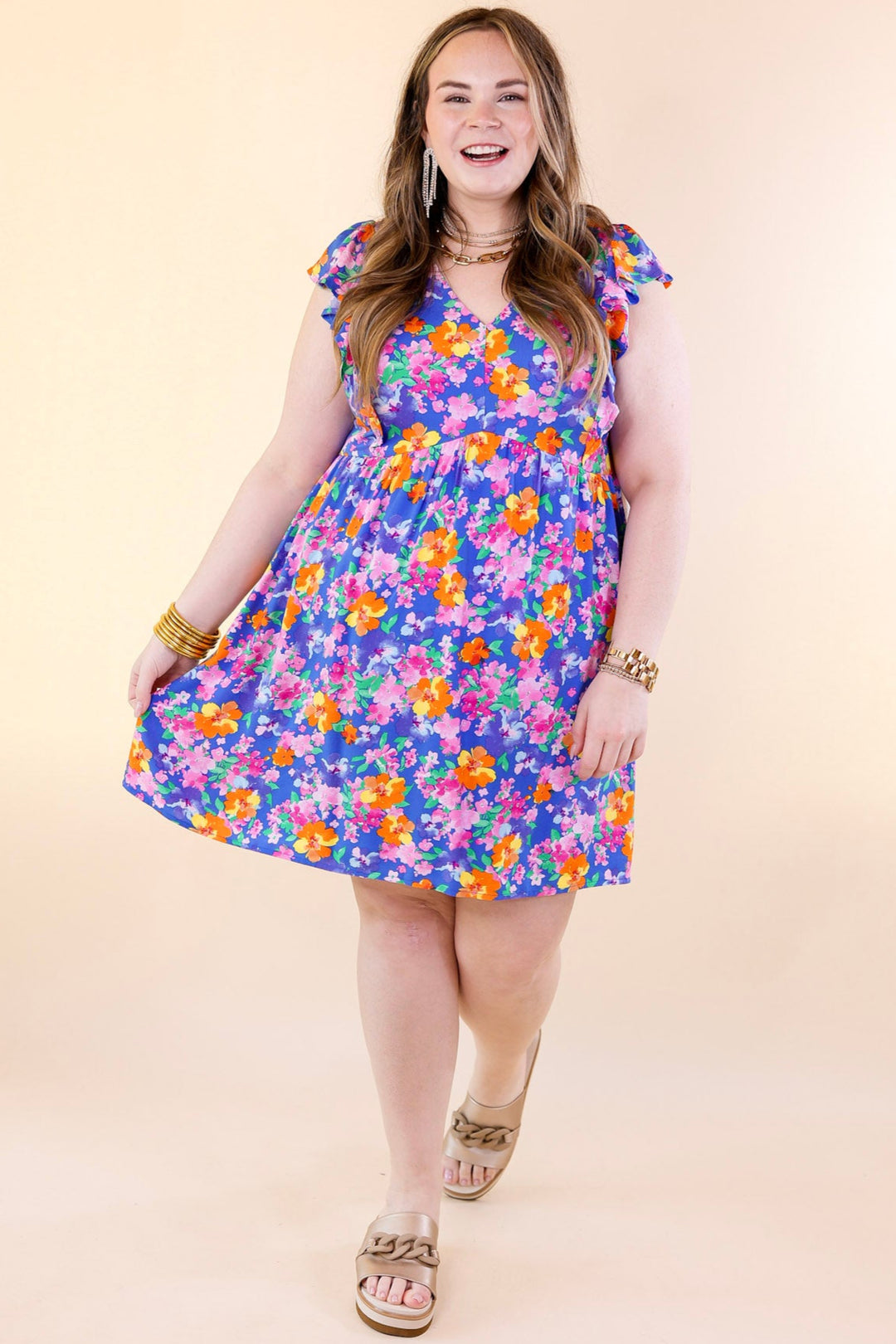 Sunshine On My Mind Floral Ruffle Cap Sleeve Dress in Blue - Giddy Up Glamour Boutique