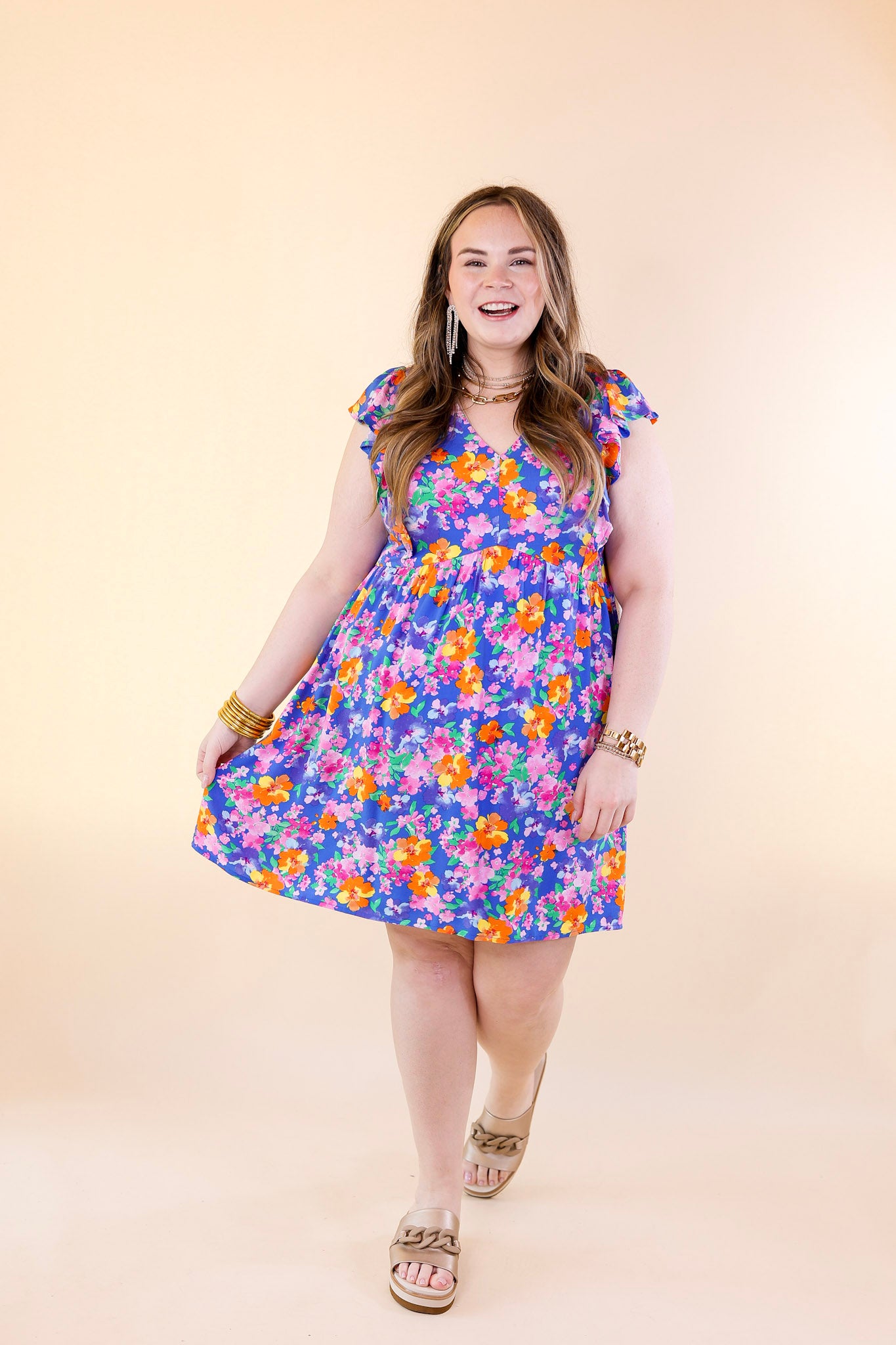 Sunshine On My Mind Floral Ruffle Cap Sleeve Dress in Blue - Giddy Up Glamour Boutique