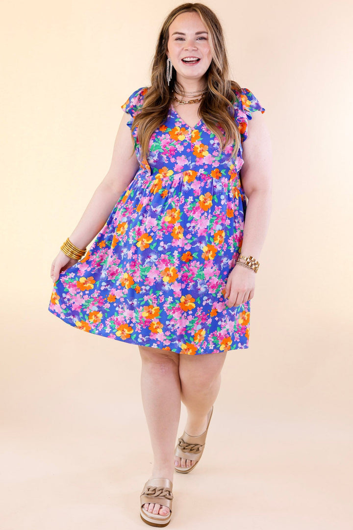 Sunshine On My Mind Floral Ruffle Cap Sleeve Dress in Blue - Giddy Up Glamour Boutique