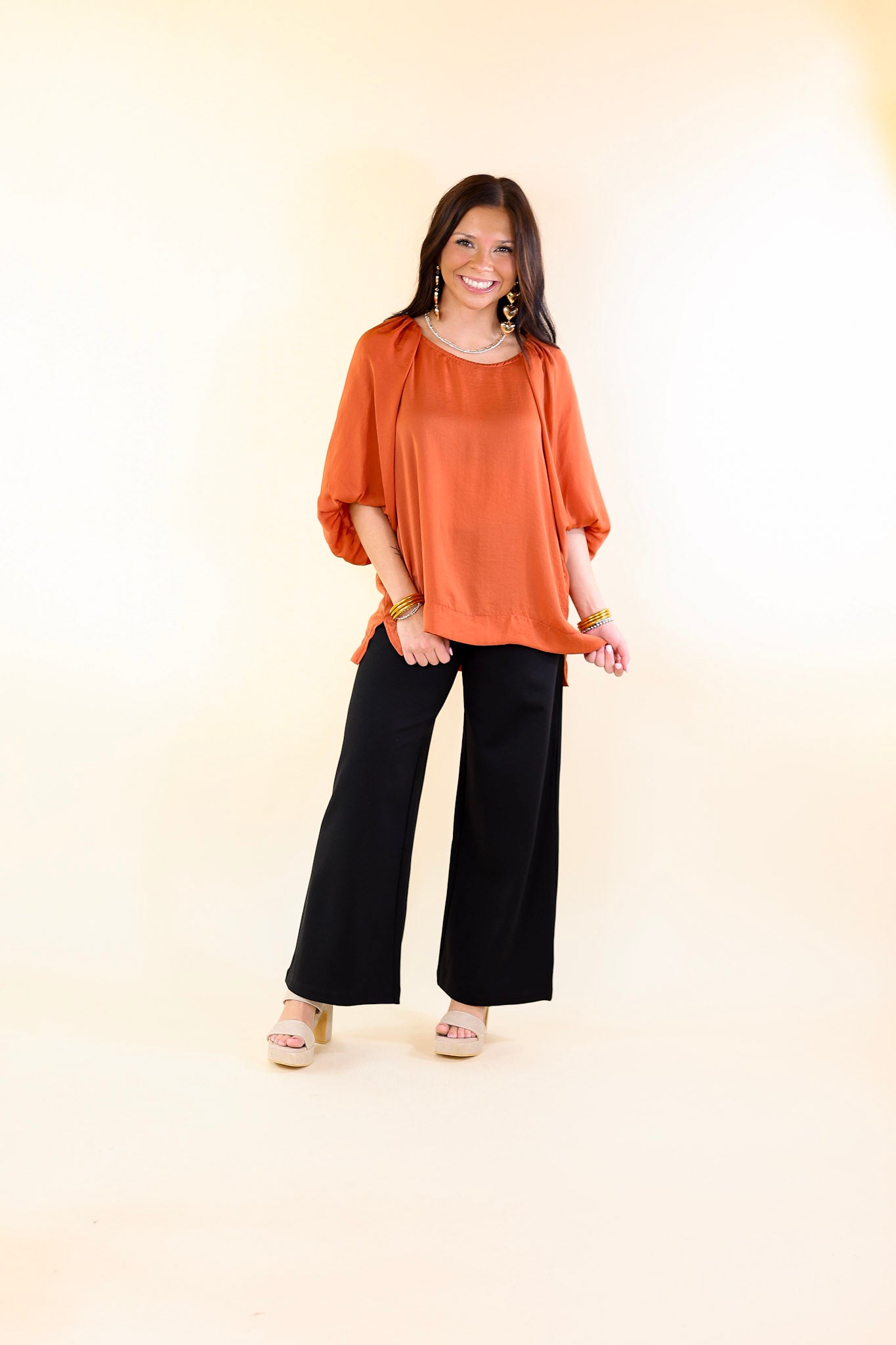 Flash A Smile Half Balloon Sleeve Satin Blouse in Red Orange