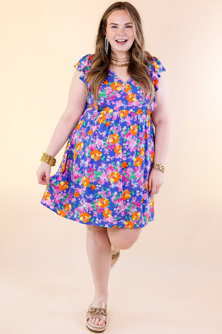 Sunshine On My Mind Floral Ruffle Cap Sleeve Dress in Blue - Giddy Up Glamour Boutique