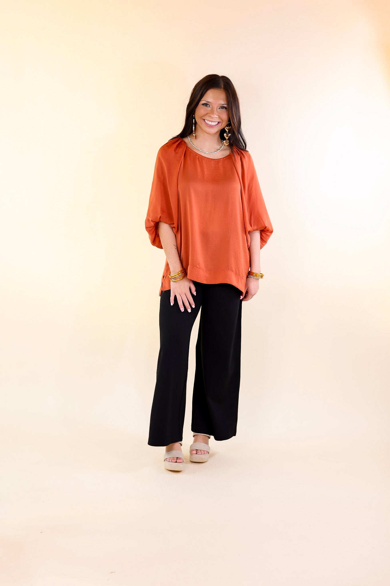 Flash A Smile Half Balloon Sleeve Satin Blouse in Red Orange