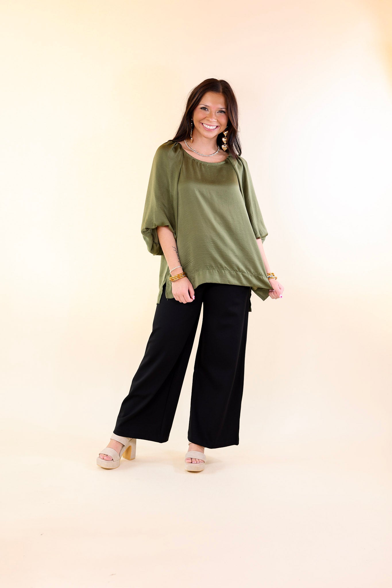 Flash A Smile Half Balloon Sleeve Satin Blouse in Olive Green